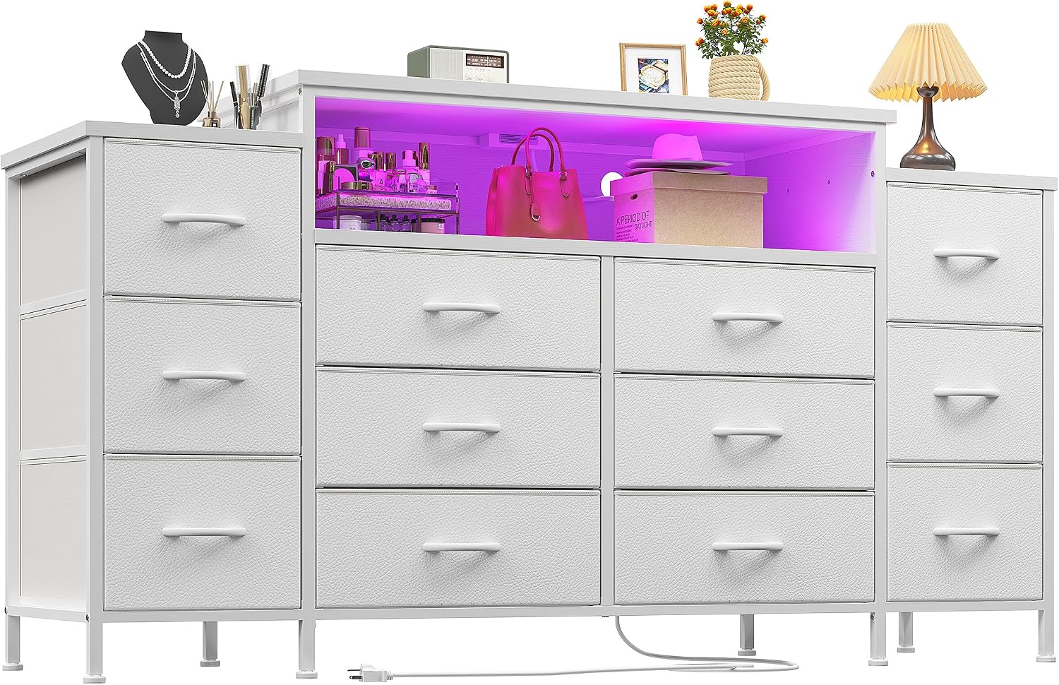 EnHomee 55' W Dresser for Bedroom with LED Lights & Charging Station 12 Drawer Dressers & Chests of Drawers Dresser TV Stand for Bedroom for Hanging 65' TV, Metal Frame & Fabric Drawers, White