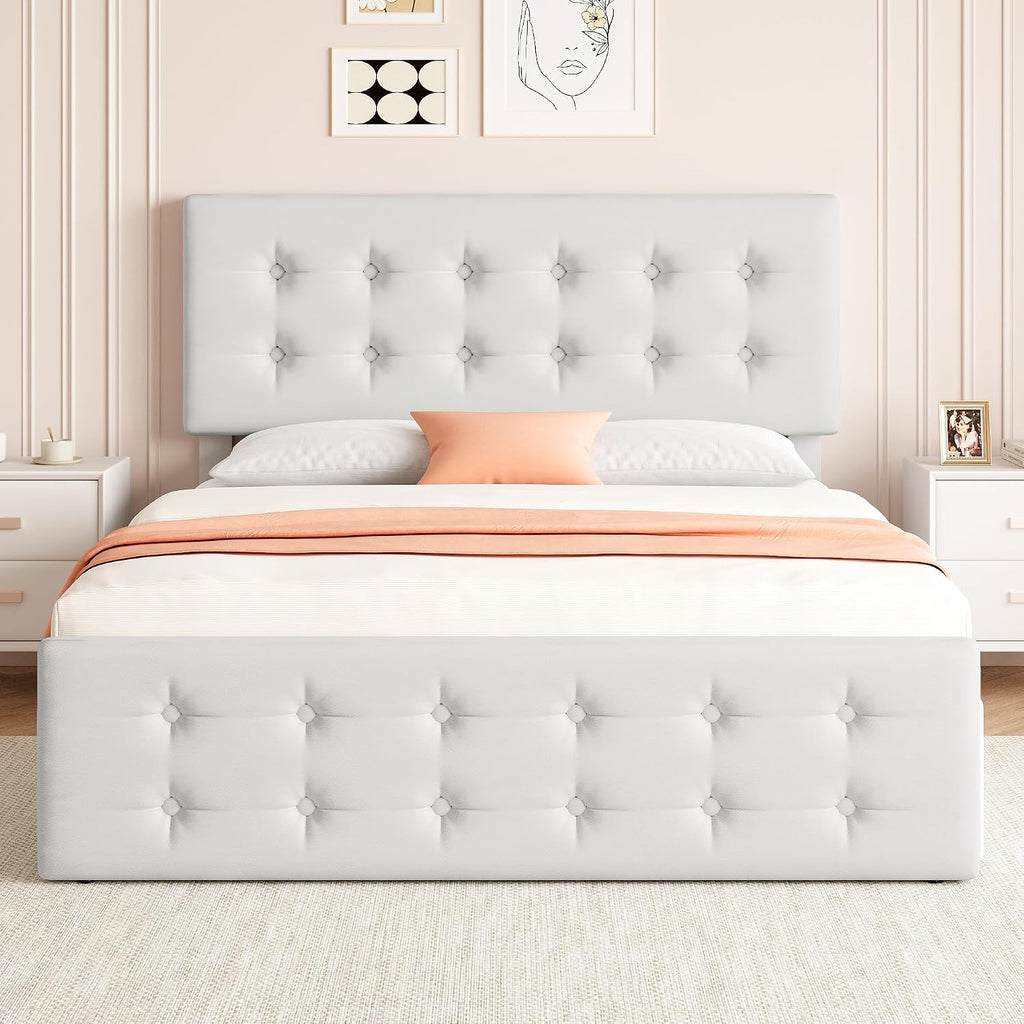 IDEALHOUSE Full Size Bed Frame with 4 Storage Drawers and Headboard, Faux Leather Upholstered Platform Bed Frame with Wooden Slats Support, Button Tufted Design, No Box Spring Needed, Beige