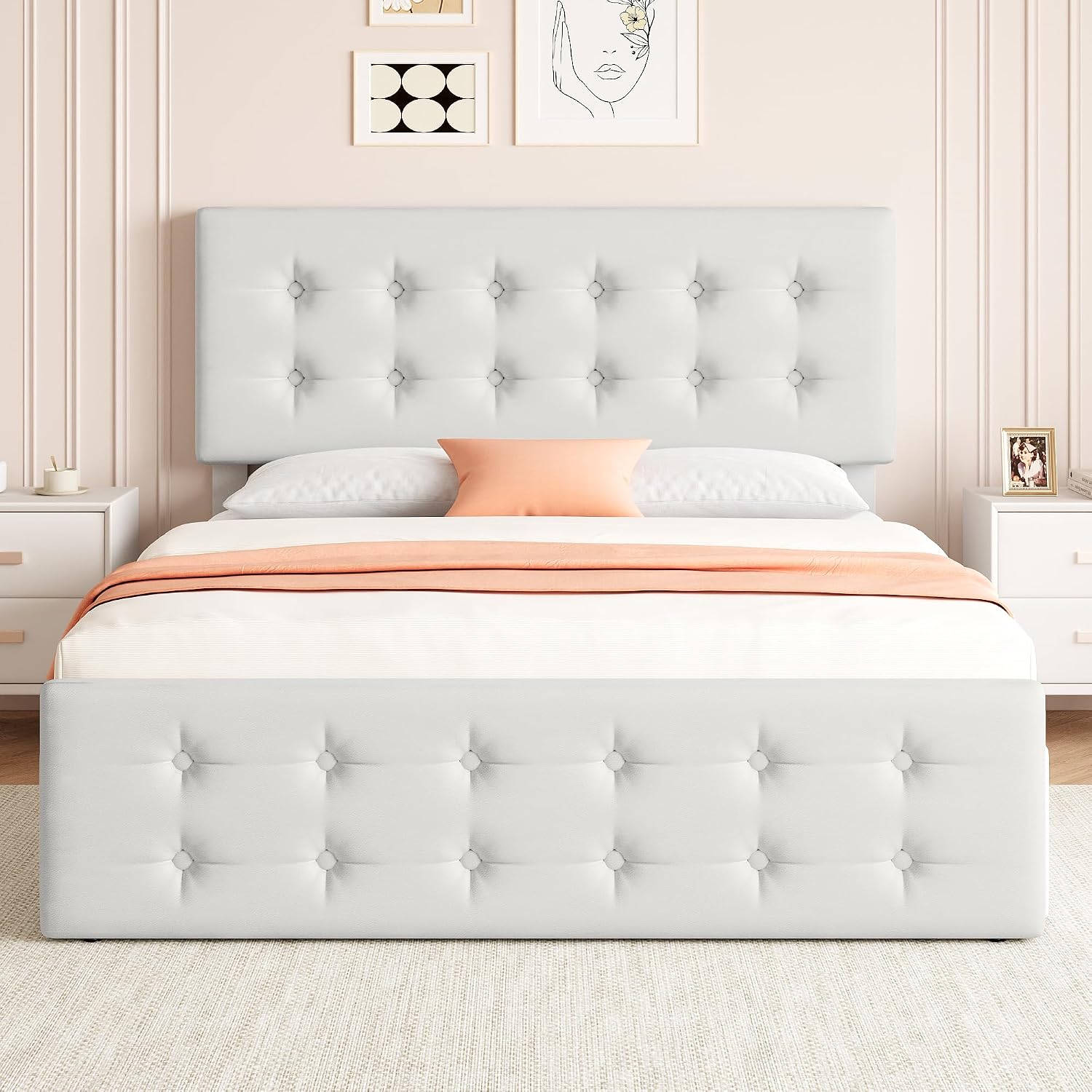 IDEALHOUSE Full Size Bed Frame with 4 Storage Drawers and Headboard, Faux Leather Upholstered Platform Bed Frame with Wooden Slats Support, Button Tufted Design, No Box Spring Needed, Beige