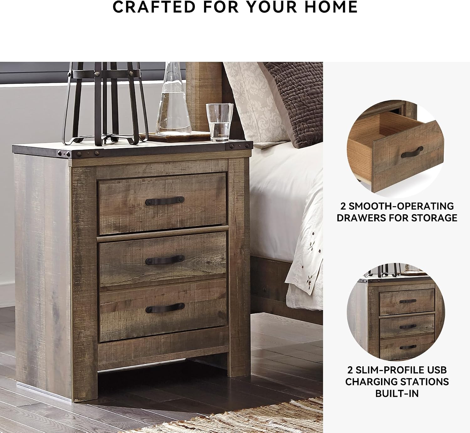 Signature Design by Ashley Trinell Rustic 2 Drawer Nightstand with USB Charging Stations, 29.65' Tall, Warm Brown