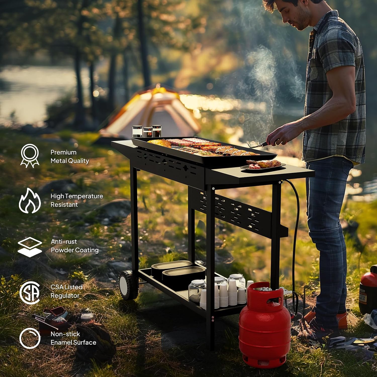 Bonnlo 4 Burner Portable Propane Griddle, 40,000BTU Gas Grill with Enameled Tray, Rolling Flat Top Grill with Electronic Ignition, Side Shelve & Regulator, Ideal for Outdoor Patio Cooking BBQ