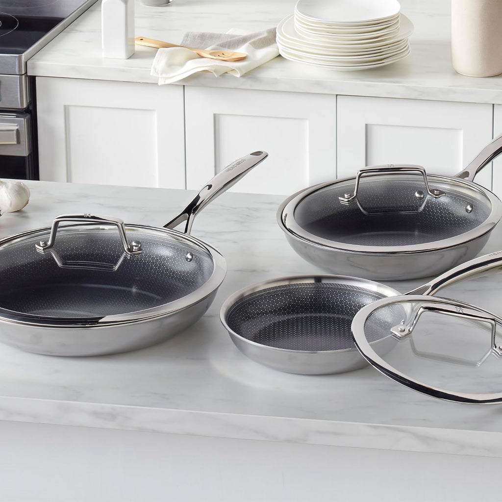 Henckels Paradigm Stainless Steel 6 Pc Fry Pan Set, Tri-Ply Ceramic Nonstick Fry Pan Set, Non Toxic Induction Fry Pan, Metal-Utensil & Dishwasher Safe