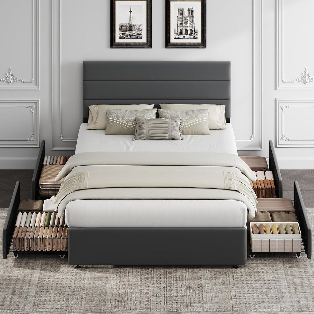 WLIVE Full Size Upholstered Bed Frame with 4 Storage Drawers and Headboard, Velvet Platform Bedframe, Sturdy Metal & Wooden Slats Support, No Box Spring Needed, Easy Assembly, Dark Grey