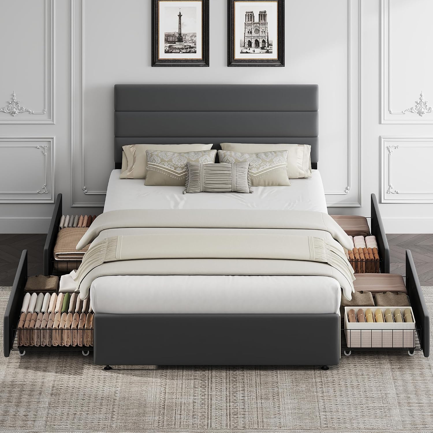 WLIVE Full Size Upholstered Bed Frame with 4 Storage Drawers and Headboard, Velvet Platform Bedframe, Sturdy Metal & Wooden Slats Support, No Box Spring Needed, Easy Assembly, Dark Grey