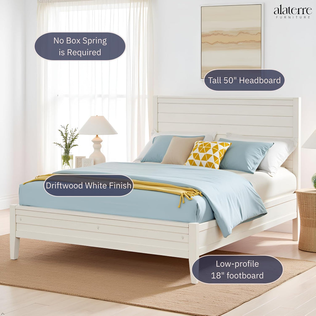 Arden Queen Size Panel Bed Frame – Solid Brazilian Pine Wood with High 50' Headboard, Low 18' Footboard, 8' Underbed Clearance – Rustic Boho Bedroom Style by Alaterre Furniture (Light Driftwood White)
