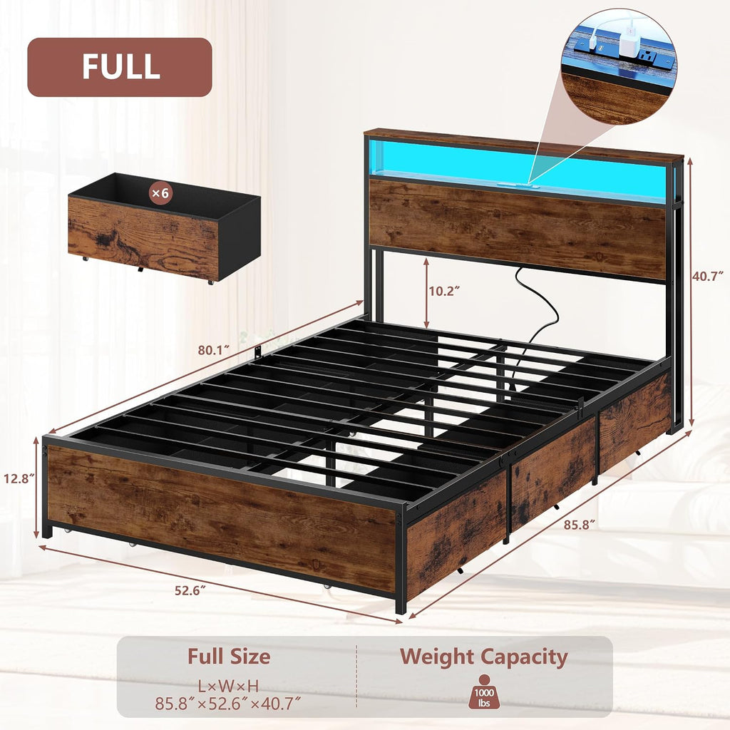 Forestell Full Size Bed Frame with Storage Headboard & 6 Drawers,Sturdy Platform Bed Frame Full with Charging Station,LED Lights,2-Tier Wood Shelf Industrial Bedframe-Noise Free/No Box Spring Needed