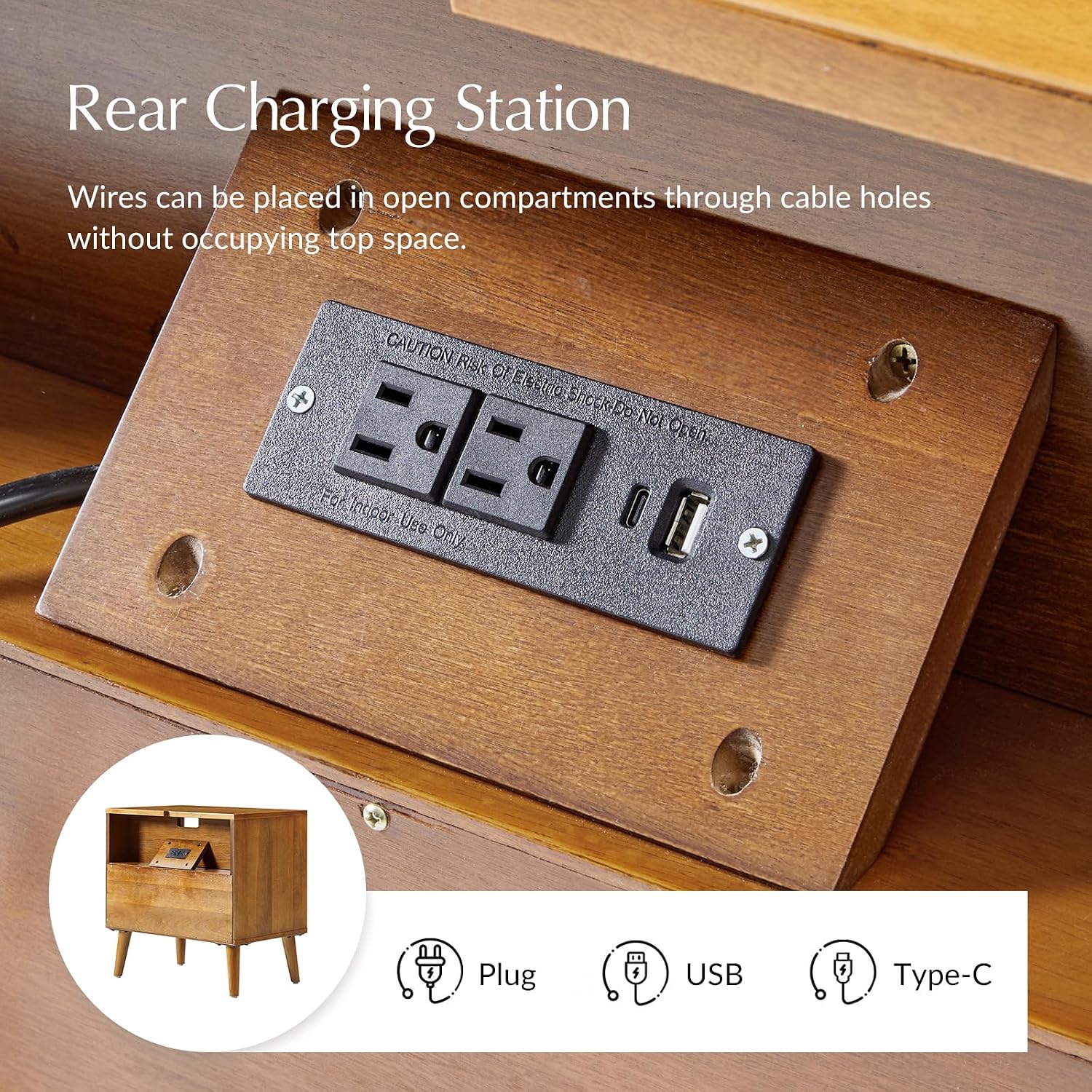 HULALA HOME Wood Nightstand with 1 Drawer & Open Shelf, Mid Century Modern Nightstand with Charging Station, Geometric Pattern Bedside Table for Bedroom, Acorn