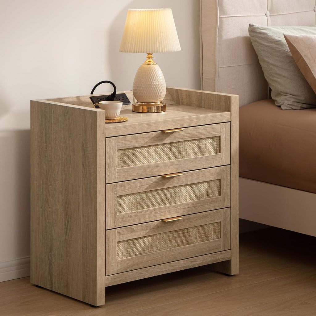 SICOTAS Rattan Nightstands Set of 2 Bedside Table - Larger Night Stand with Type-C Charging Station, 3 Drawers Storage, Boho Night Stands End Table for Bedroom Office - Light Oak