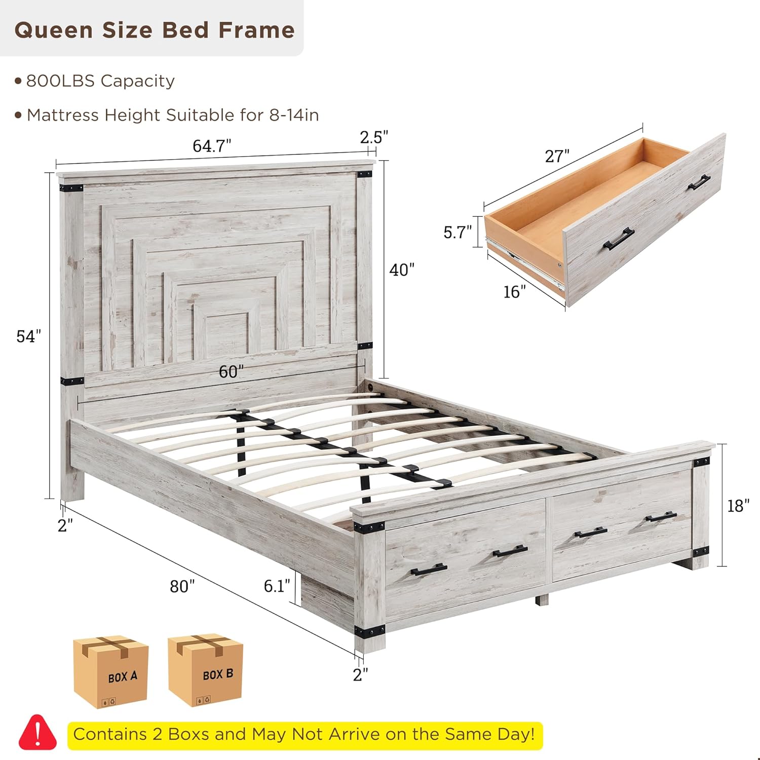 RedLemon Farmhouse Queen Size Wood Bed Frame with 54' Tall Geometric Headboard, 2 Large Storage Drawers, Solid Wood Slats Support, Noise Free, No Box Spring Needed, Antique Brush White