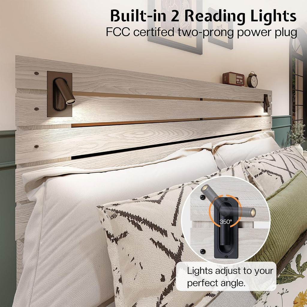 Jocisland King Size Farmhouse Bed Frame with 51' Barn Door Headboard, LED Reading Lights, Platform Bed Frame with Wood Slats, Under Bed Storage Space, Noisy Free, Easy Assembly, Ash White