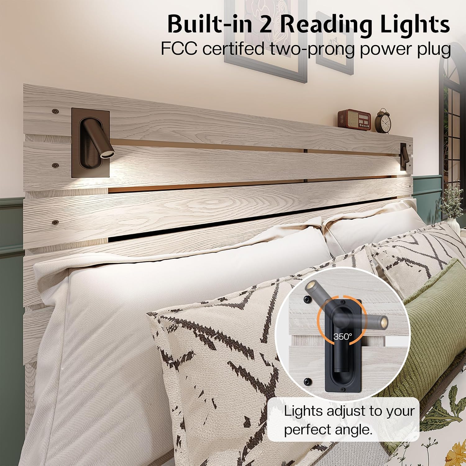 Jocisland King Size Farmhouse Bed Frame with 51' Barn Door Headboard, LED Reading Lights, Platform Bed Frame with Wood Slats, Under Bed Storage Space, Noisy Free, Easy Assembly, Ash White