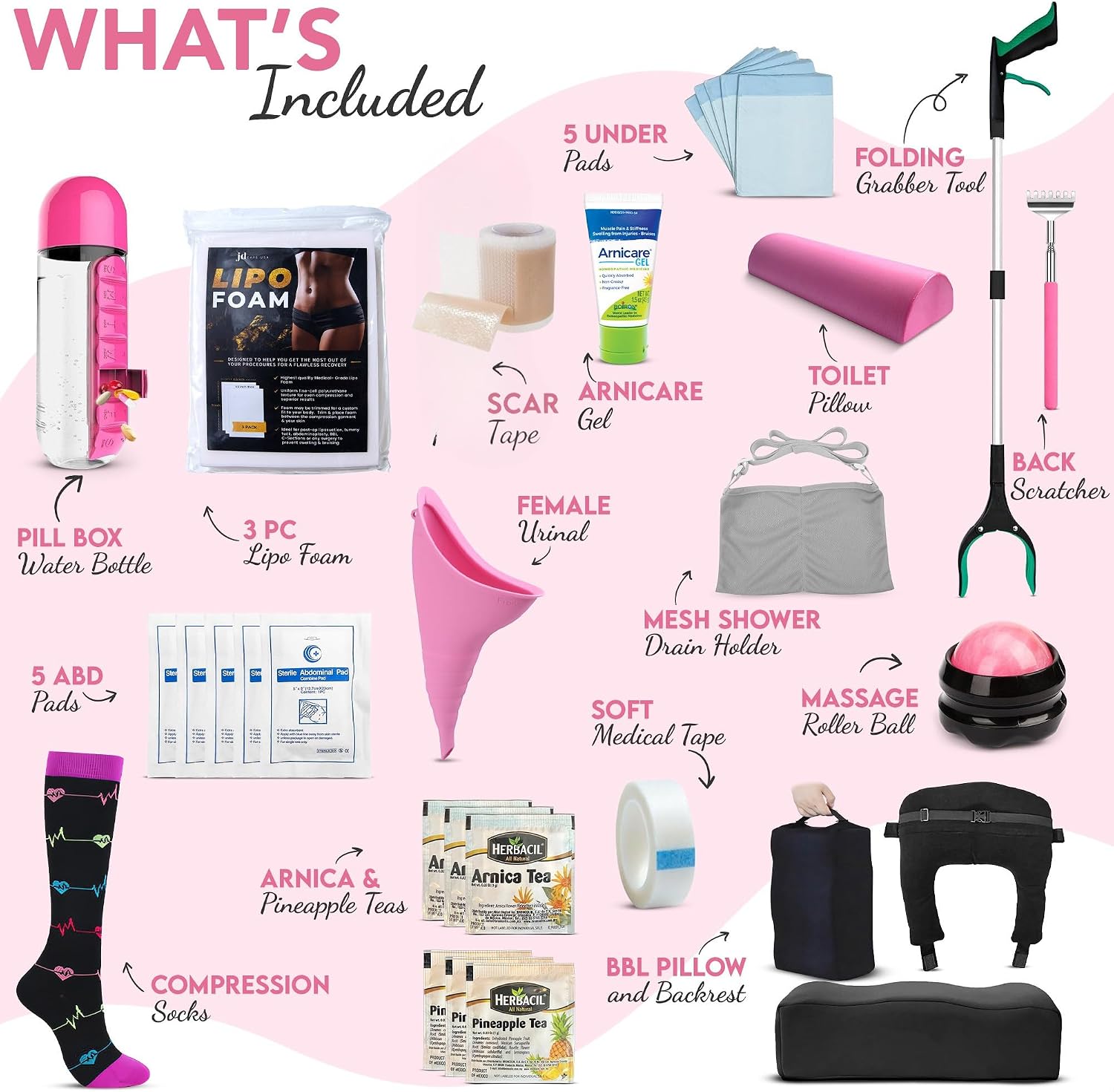 BBL Plus Post Surgery Supplies Kit | 33-Piece After Surgery Recovery Set with Lipo Foam, ABD Pads, BBL Backrest Pillow & More