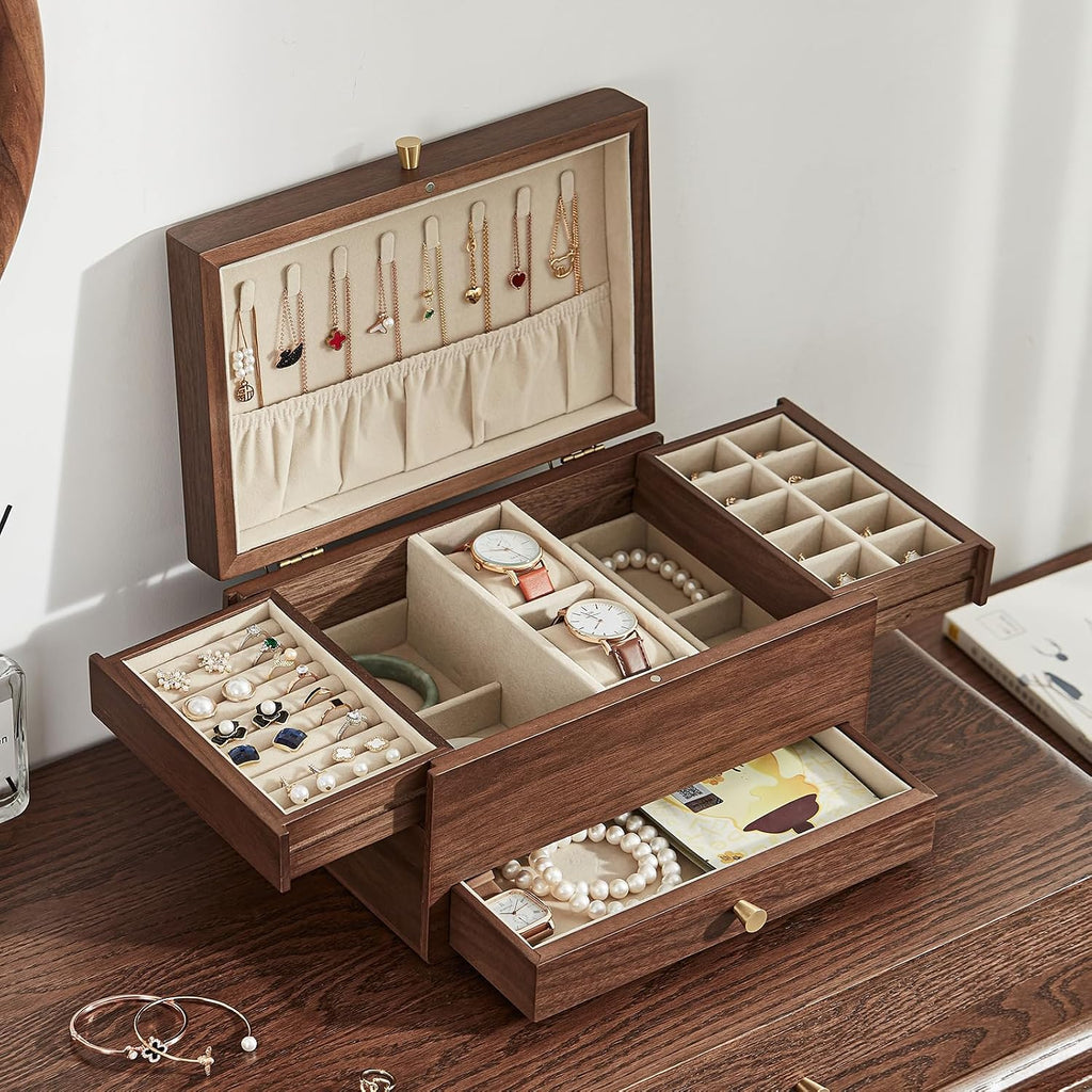 Wooden Jewelry Box for Women, 3 Level Multi-functional Drawers Black Walnut Jewelry Organizer Box, Watch, Necklace, Ring, Earring Storage - Mothers Day Gifts for Mom (No Mirror)