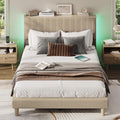 Bestier Queen Bed Frame with Adjustable Headboard & LEDLighting, Corduroy Upholstered Platform Bed Frame withStorage Shelf, Solid Wood Slats, No Box Spring Needed,Never Squeak, Easy Assembly, Taupe