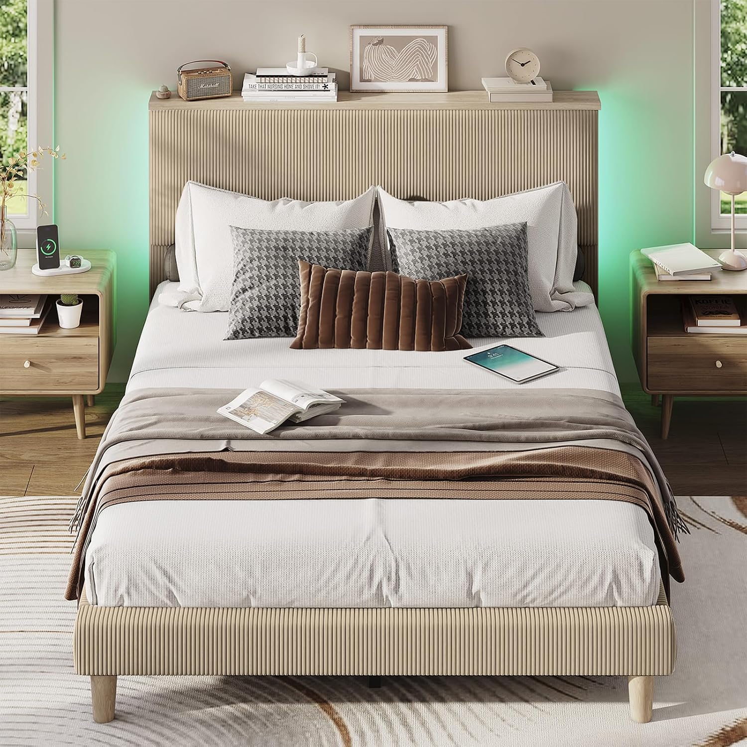 Bestier Queen Bed Frame with Adjustable Headboard & LEDLighting, Corduroy Upholstered Platform Bed Frame withStorage Shelf, Solid Wood Slats, No Box Spring Needed,Never Squeak, Easy Assembly, Taupe