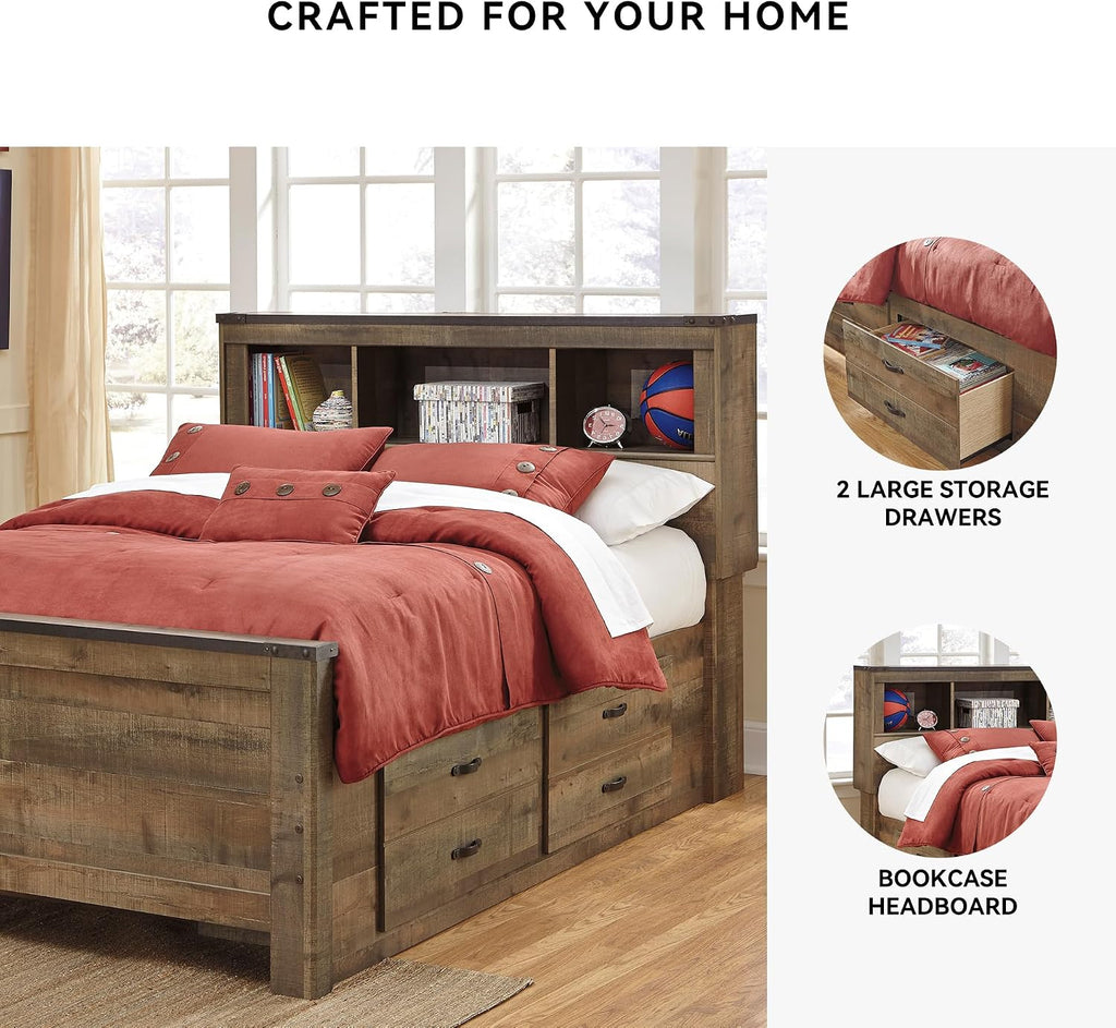 Signature Design by Ashley Trinell Casual Full Bookcase Platform Bed with 2 Storage Drawers and Nailheads, Foundation or Box Spring Not Needed, Dark Brown