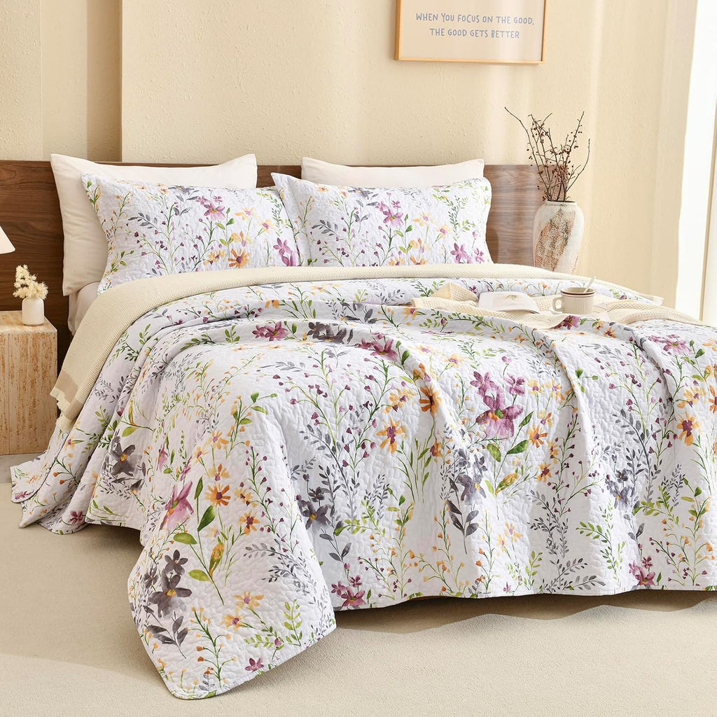 Lady Ann Wild Floral Printed Bed King Quilt Set 100% Cotton Yellow Flower Botanical Pattern Bedding, Vintage Lightweight Coverlet Ultra Soft Bedspread Set with Pillow Shams for All Season, 3 PCS