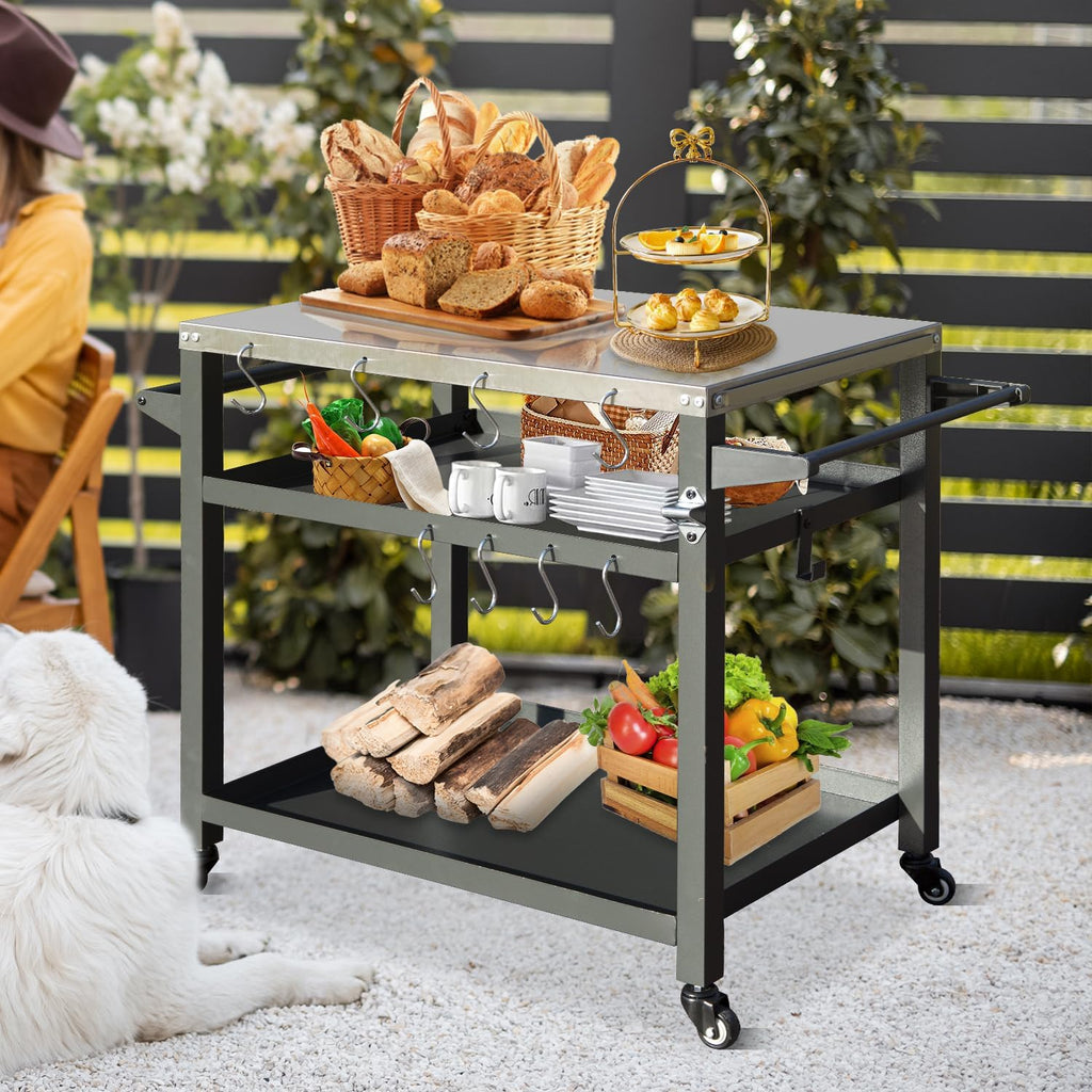 Domi 3-Tier Outdoor BBQ Grill Cart with Lockable Wheels | Portable Pizza Oven Stand & Food Prep Station | Blackstone Griddle with Stainless Steel Tabletop All-Weather Patio Cooking Center