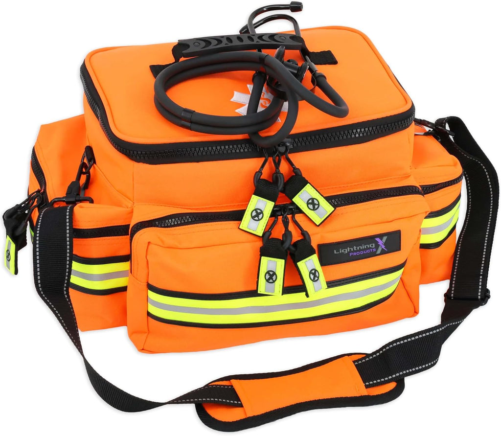 Lightning X Mid-Sized First Responder EMT Bag | LXMB25 | Fully Stocked w/ 248+ First Aid Supplies + Trauma Pak w/C.A.T. Tourniquet & QuikClot - Orange