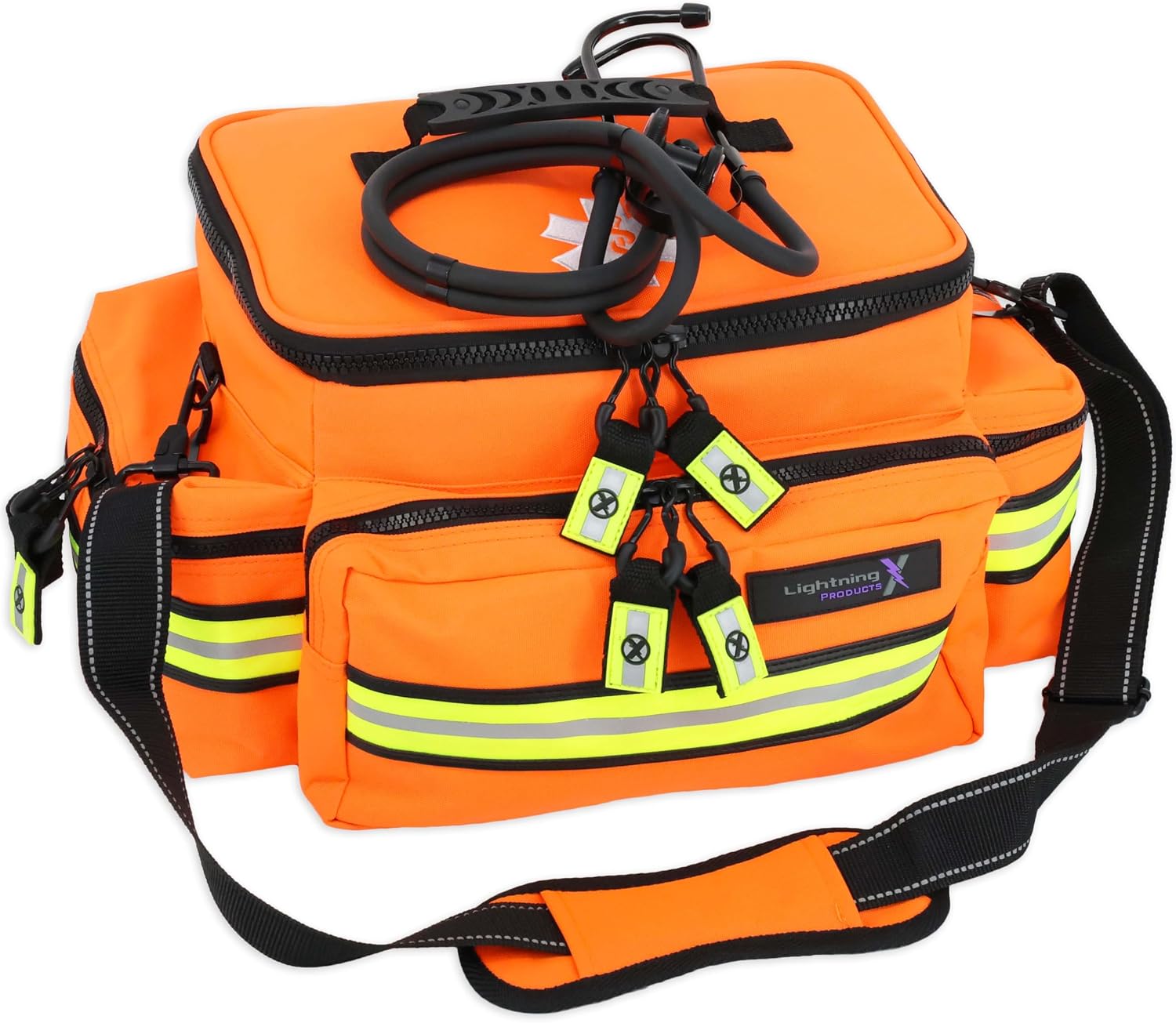 Lightning X Mid-Sized First Responder EMT Bag | LXMB25 | Fully Stocked w/ 248+ First Aid Supplies + Trauma Pak w/C.A.T. Tourniquet & QuikClot - Orange