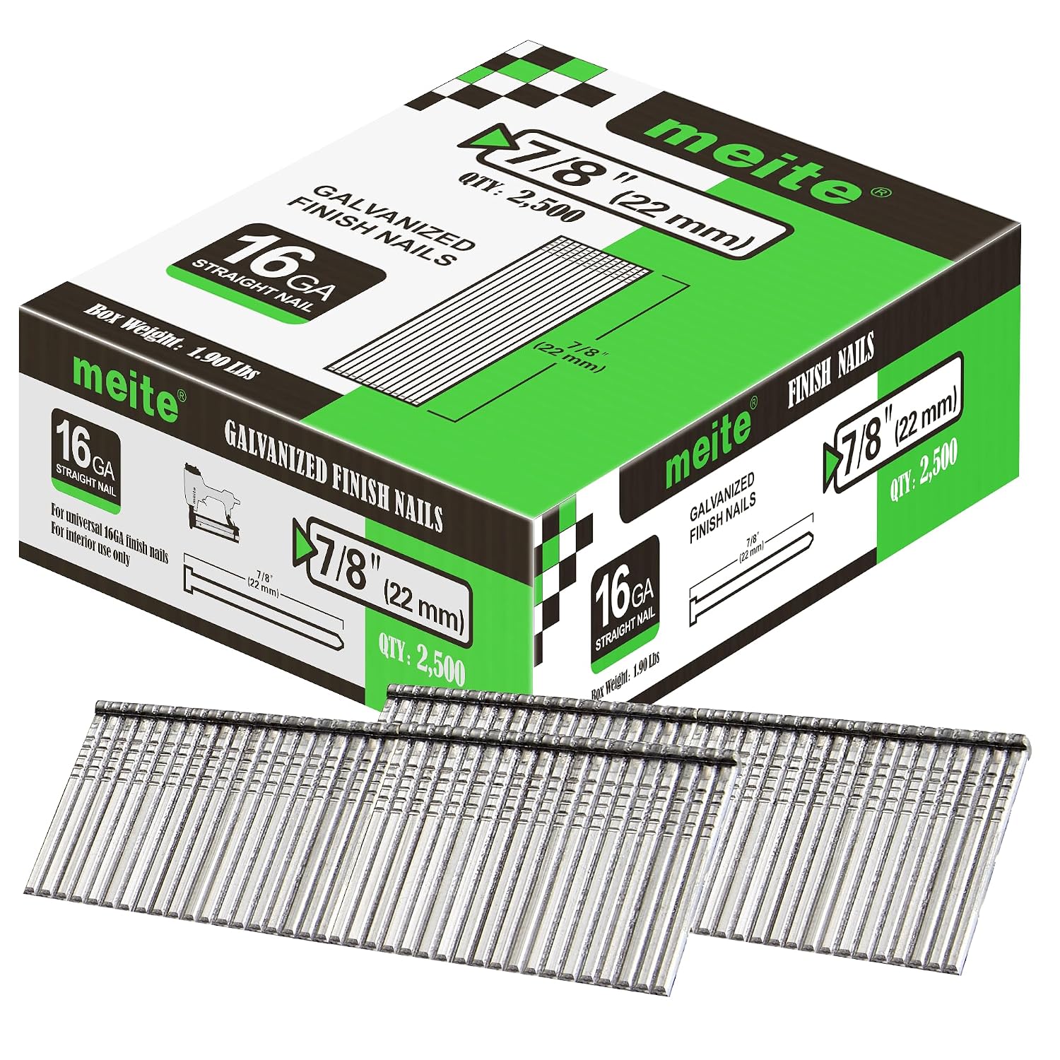 meite 16 Gauge Finish Nails 7/8 Inch Galvanized Straight Finishing Nails for Finish Nailer Gun Window Casing Baseboard Crown Molding, 1 Case/45,000PCS