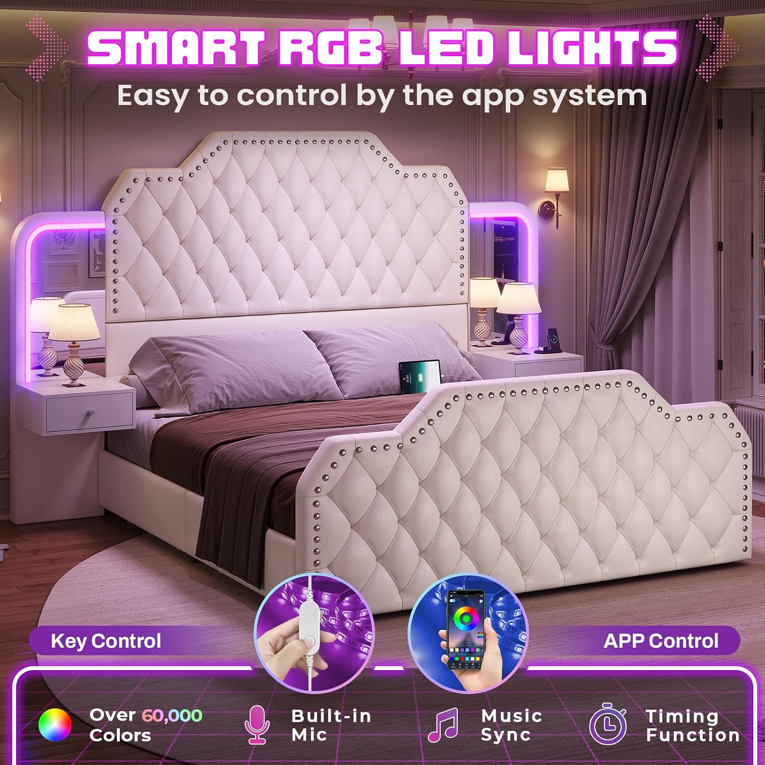 Itaar Queen Bed Frame with 53' Tall Headboard and 4 Storage Drawers, PU Leather Upholstered Platform Bed Frame, Built in Charging Station & Led, 2 Nightstands with Mirror, White