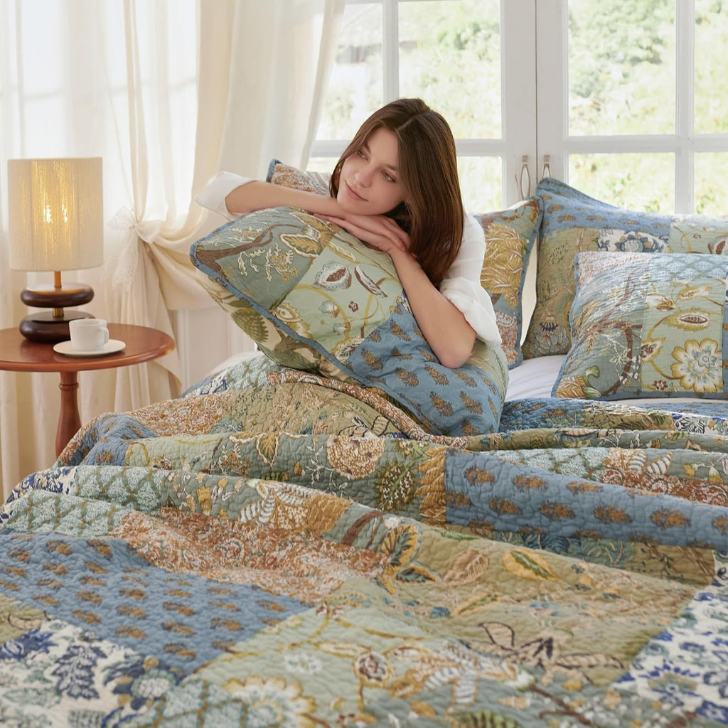 Secgo California King Quilt Size - 100% Cotton Oversized California Comforter Set Green Bedding Sets (120 * 110 Inch) with 2 Pillow Shams, Patchwork Reversible Lightweight Bedspread