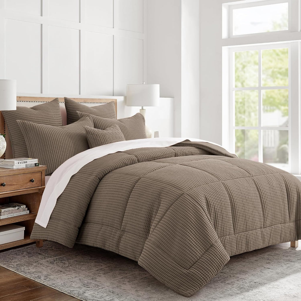 Levtex Home Mills Waffle King/Cal King Comforter Set (106x94in) with 2 Pillow Shams (36x20in) - Latte - 100% Cotton King Size Comforter Set - Soft, Pre-Washed