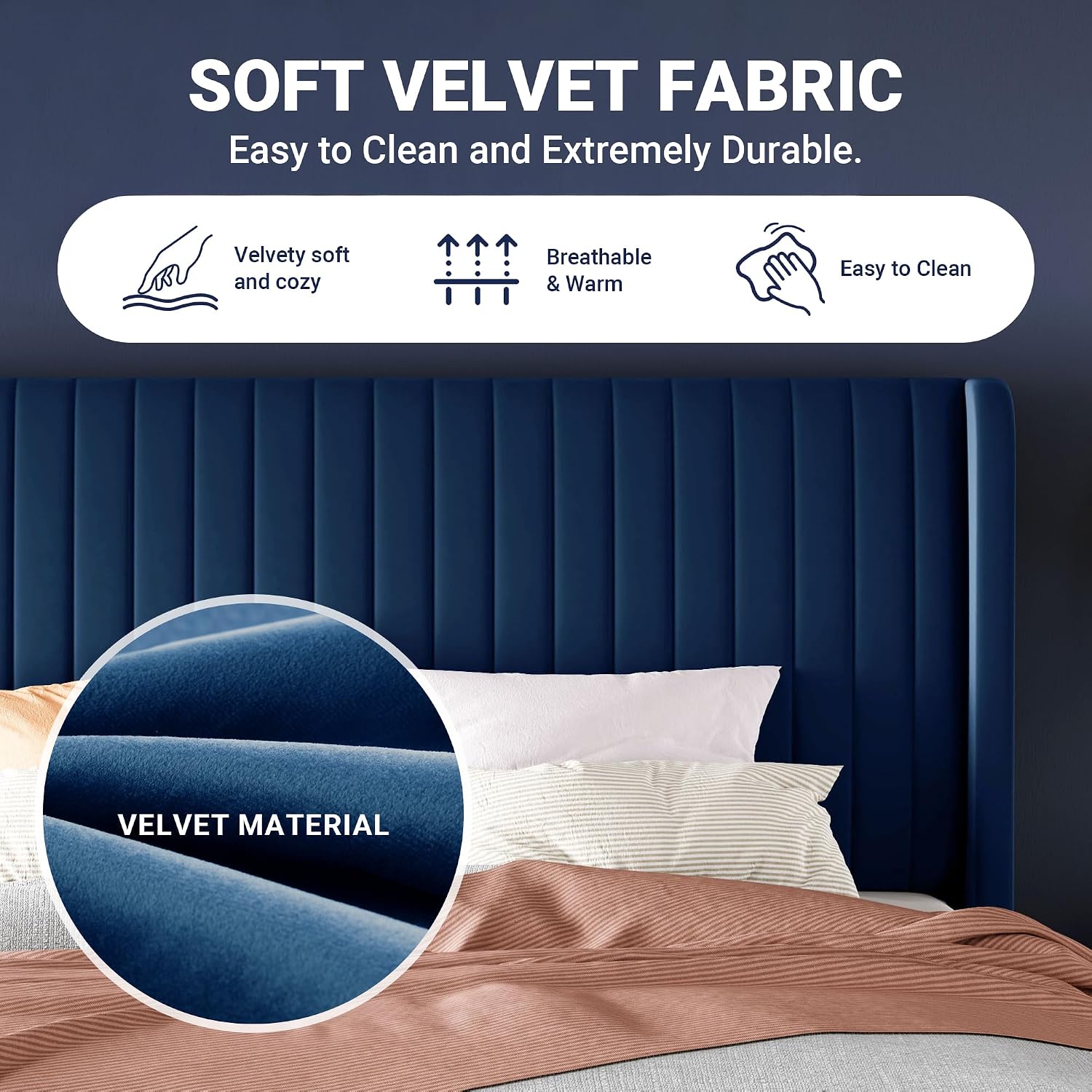 Allewie Full Size Velvet Bed Frame/Vertical Channel Tufted Wingback Headboard/Upholstered Platform Bed/Strong Wooden Slats/No Box Spring Needed/Easy Assembly/Blue