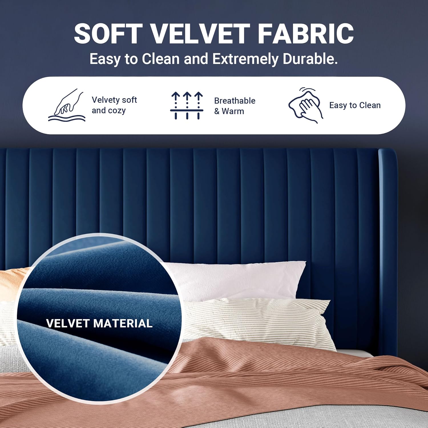 Allewie King Size Velvet Bed Frame/Vertical Channel Tufted Wingback Headboard/Upholstered Platform Bed/Strong Wooden Slats/No Box Spring Needed/Easy Assembly/Blue