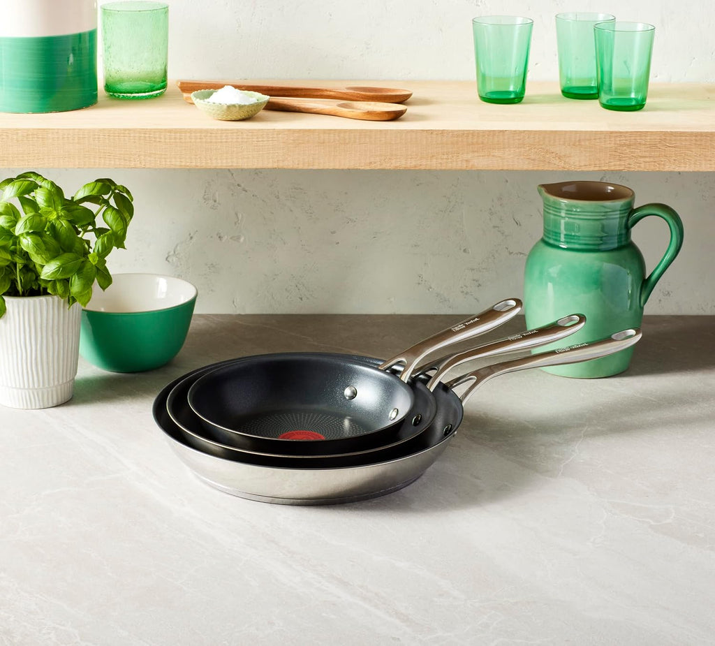 T-Fal x Jamie Oliver Nonstick Coated Stainless Steel Pans 8', 9.5' & 11', Frypan Set Induction Compatible, Oven Safe up to 500°F, Chef's Stainless Steel Skillet, Frying Pan, Silver