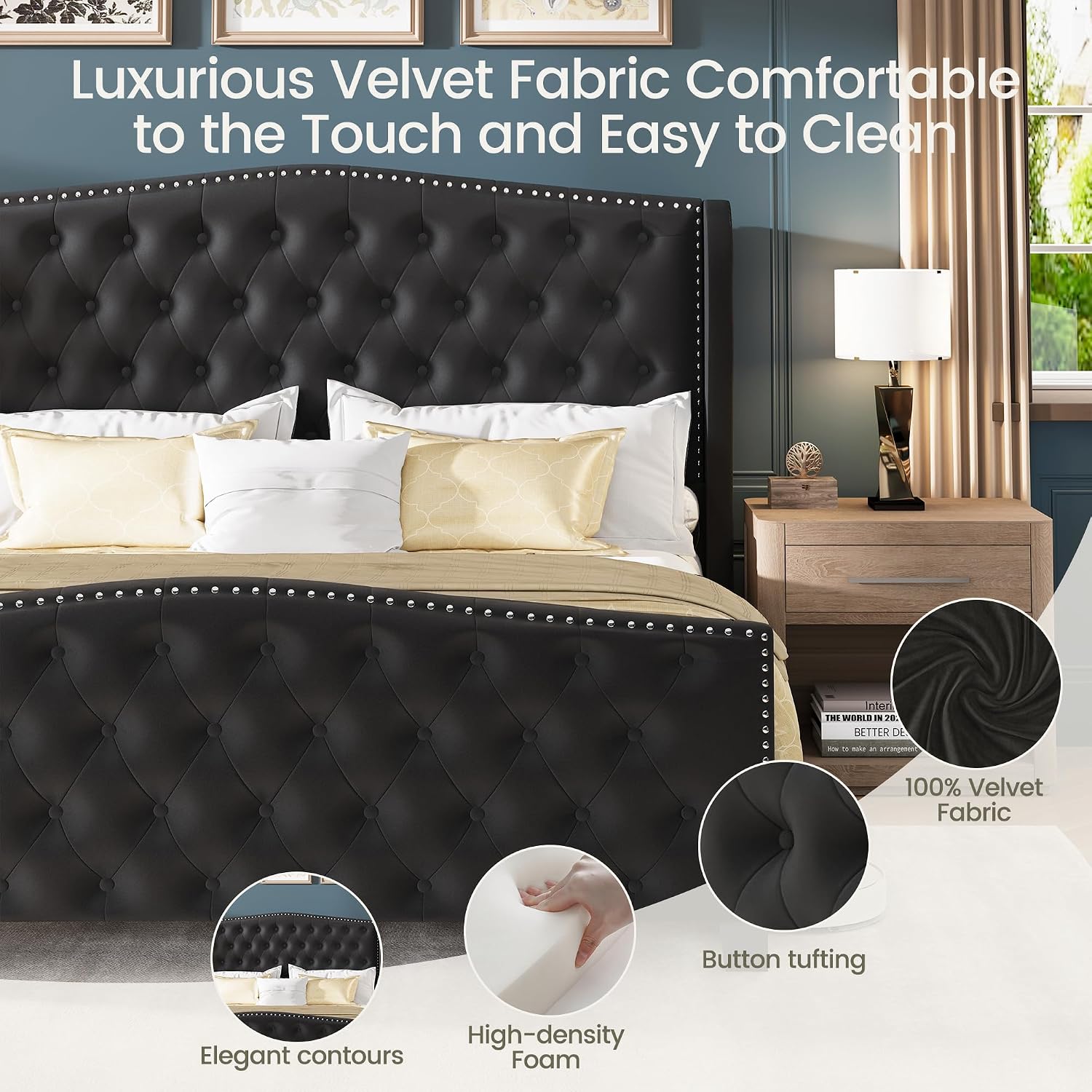 LARMACE Queen Size Bed Frame Velvet Upholstered Platform Bed with Wingback Headboard & Footbaord, Deep Button Tufted Bed Frame with Wood Slats Support, No Box Spring Needed, Black