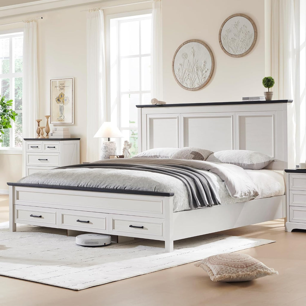 ACCOHOHO Farmhouse Queen Size Bed Frame with 52' Tall Headboard, Wood Platform Bedframe with Footboard and Storage Drawers, No Squeak, No Box Spring Needed, Off White