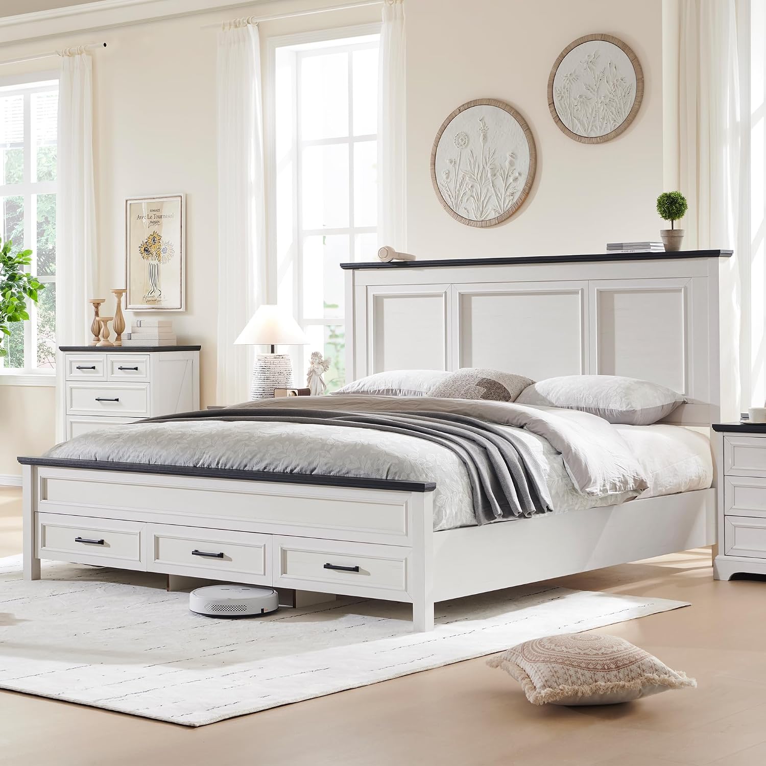 ACCOHOHO Farmhouse Queen Size Bed Frame with 52' Tall Headboard, Wood Platform Bedframe with Footboard and Storage Drawers, No Squeak, No Box Spring Needed, Off White