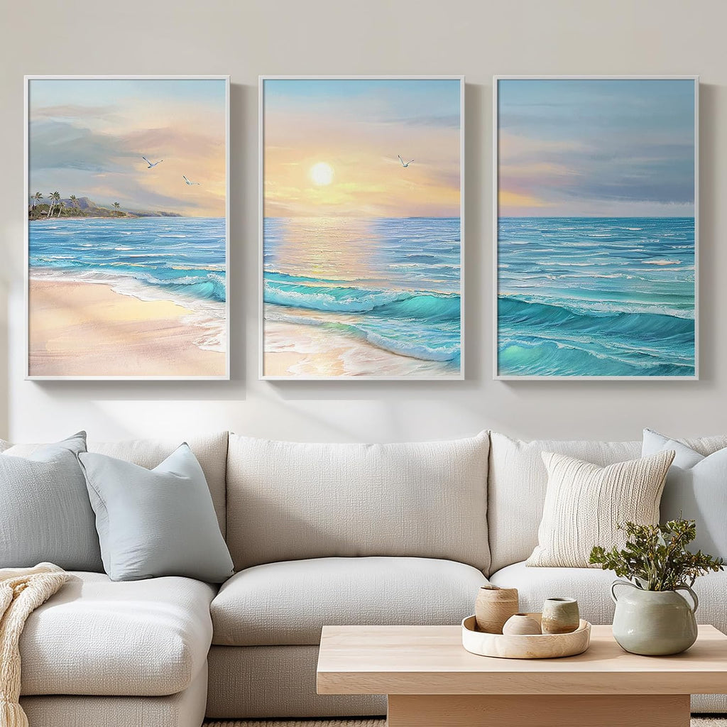 Framed Coastal Beach Wall Art for Living Room, Large 3 Piece Blue Ocean Canvas Artwork for Walls, Modern Beachy Sunrise Painting Prints for Dining Room Home Office Wall Decor, 24x36 Inch