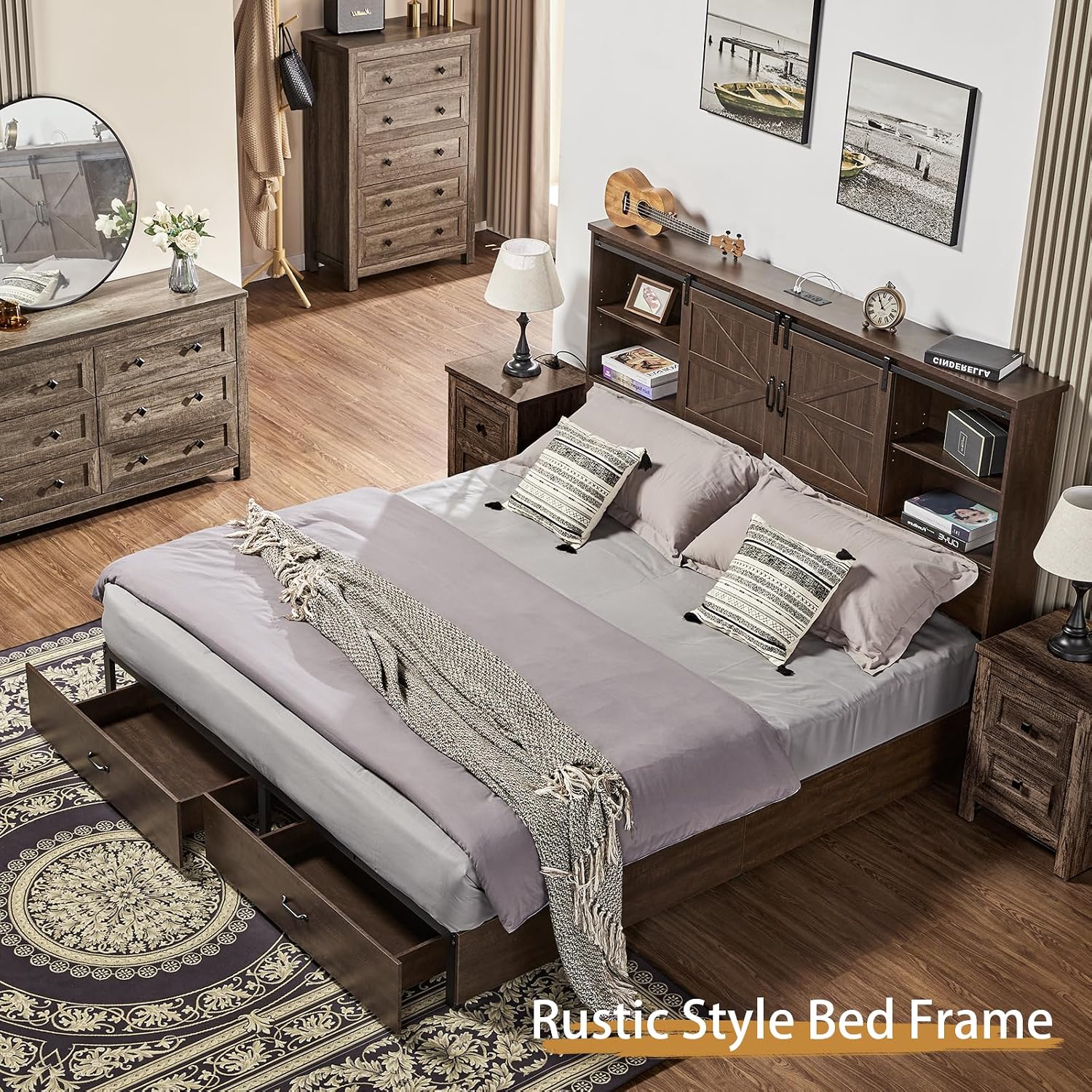 VanAcc Queen Size Bed Frame, Wooden Platform Storage Bed with 51.2' Bookcase Headboard, 2 Drawers, Charging Station/No Box Spring Needed/Noise Free(Brown)