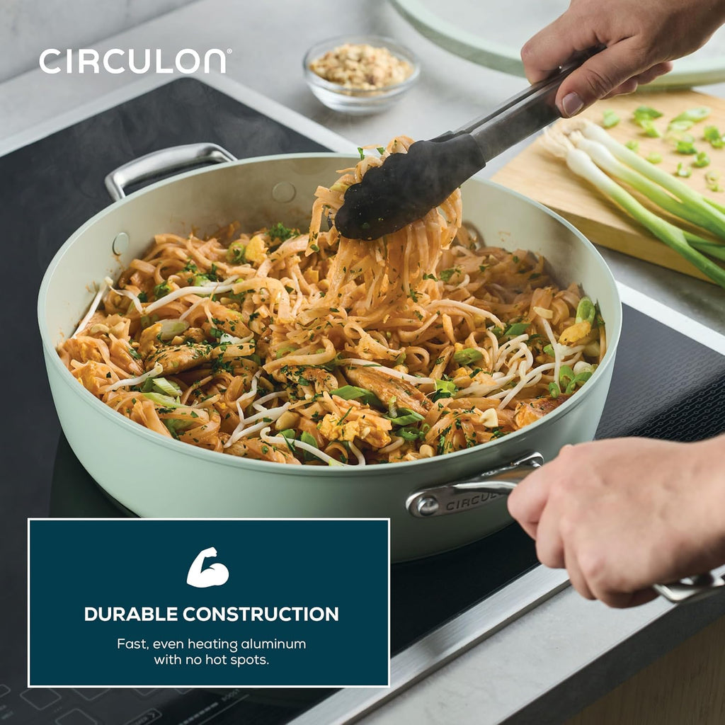 Circulon Halo with LaserDefense Ceramic Nonstick Saute Pan, Helper Handle and Lid, Made without PFAS, Compatible with All Stovetops, Dishwasher & Oven Safe, 5 Quart Multipurpose Nonstick Pan, Sage