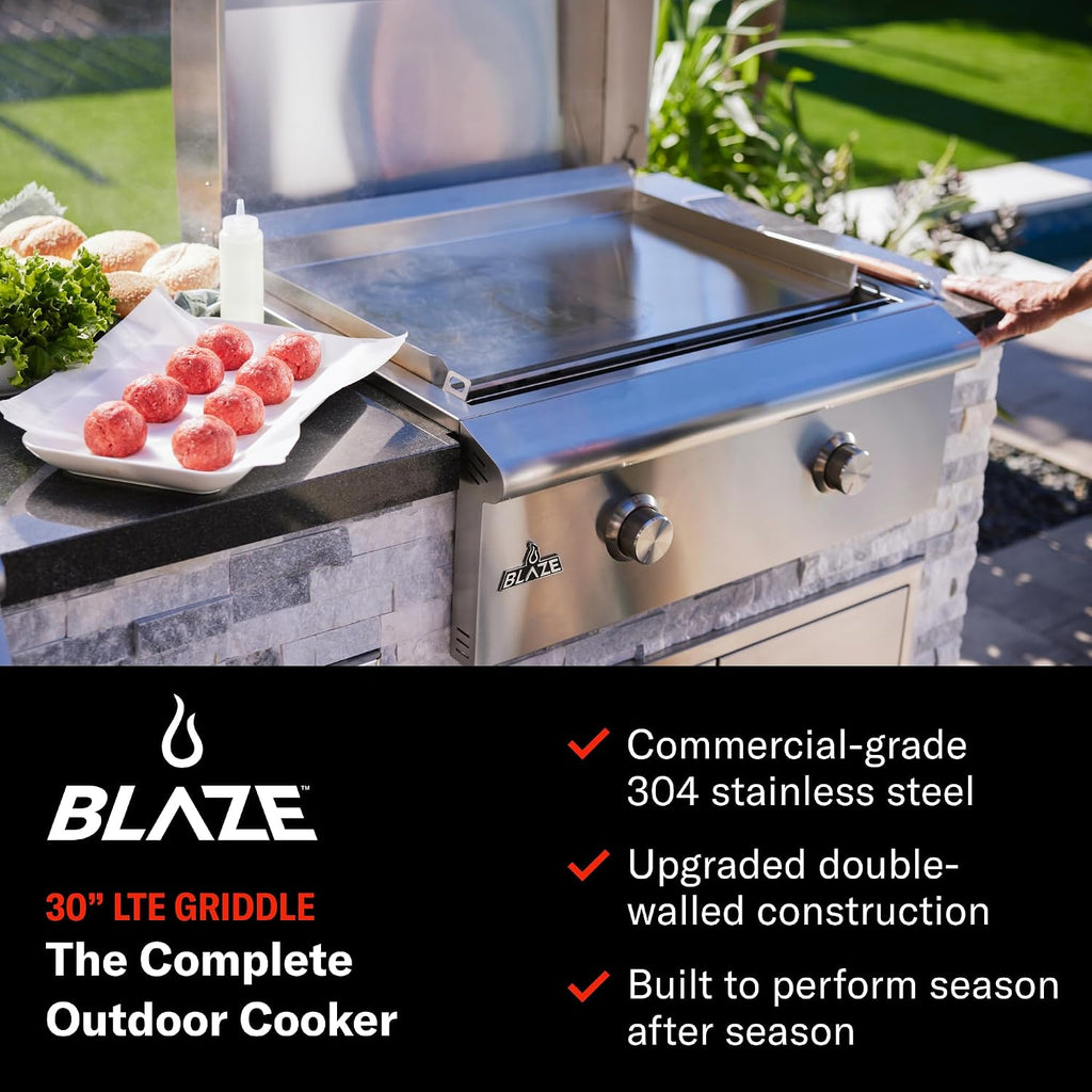 Blaze LTE+ 30-Inch Propane Gas Griddle with Lift-Assist Hood | Dual 15,000 BTU Burners | 8mm Reinforced Griddle Surface | Front Grease Management | Stainless Steel Construction BLZ-GRIDDLE-LTE3-LP