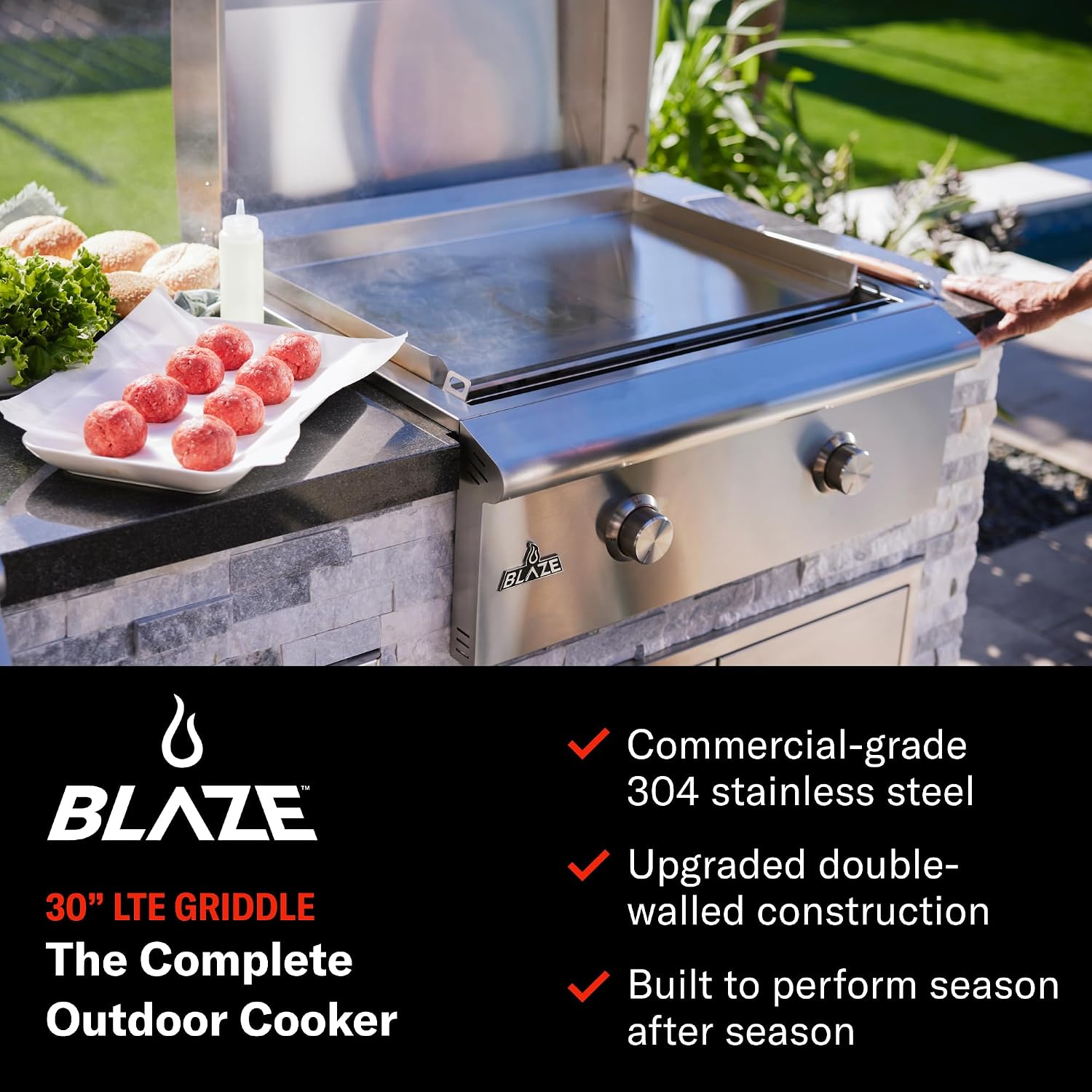 Blaze LTE+ 30-Inch Propane Gas Griddle with Lift-Assist Hood | Dual 15,000 BTU Burners | 8mm Reinforced Griddle Surface | Front Grease Management | Stainless Steel Construction BLZ-GRIDDLE-LTE3-LP