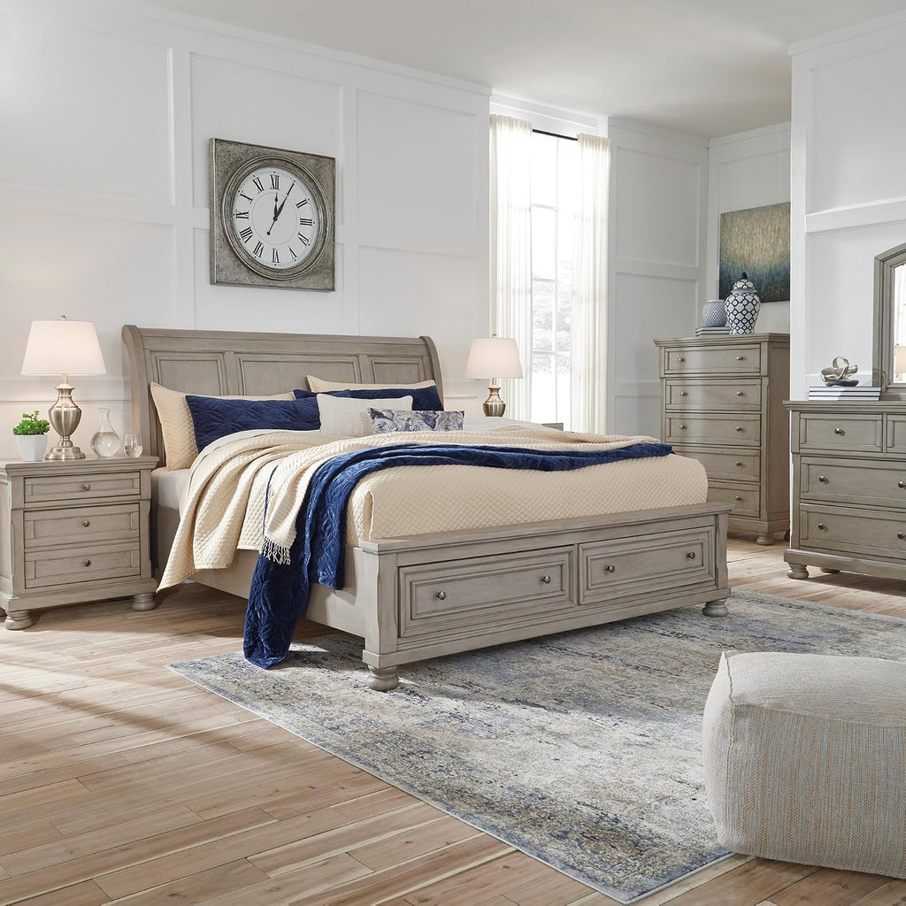 Signature Design by Ashley Lettner Traditional King Sleigh Platform Bed with 2 Drawers, Foundation or Box Spring Not Needed, Light Gray