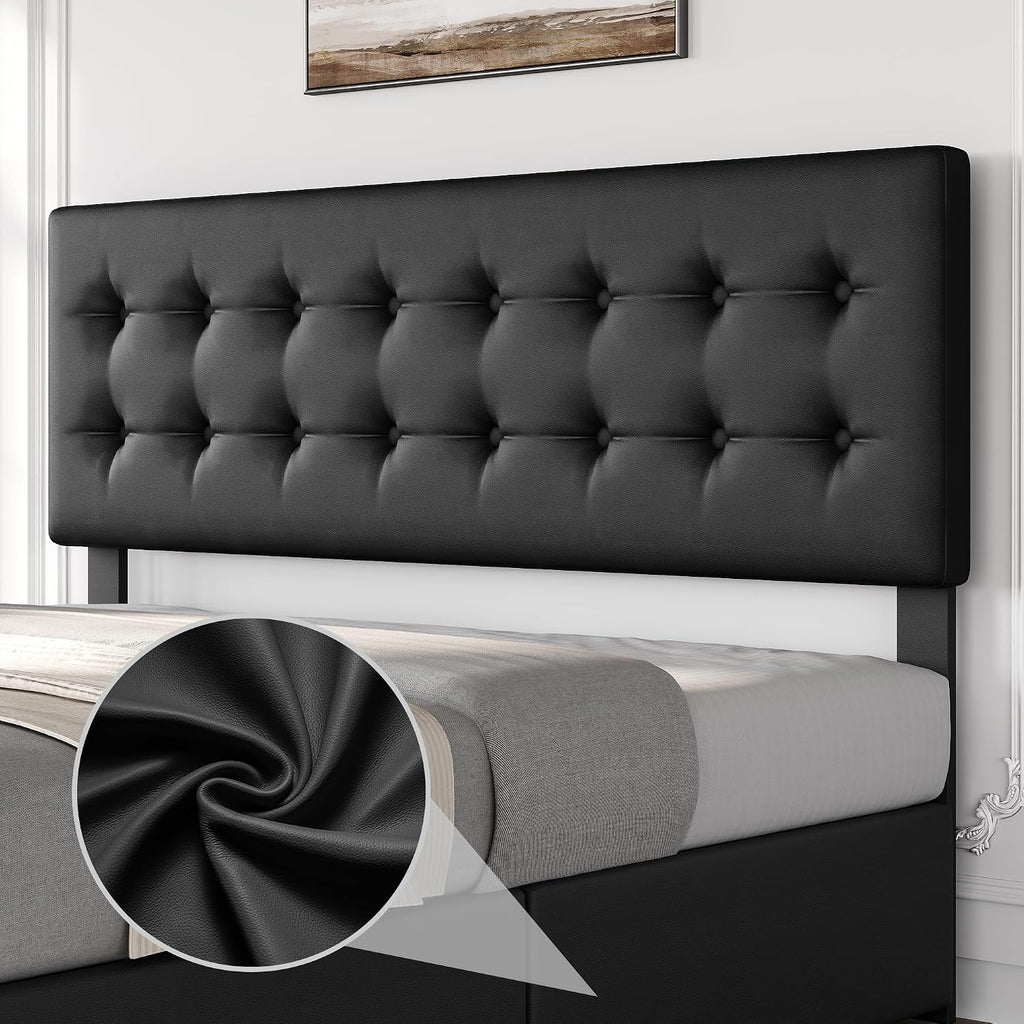 IDEALHOUSE King Size Bed Frame with 4 Storage Drawers and Headboard, Faux Leather Upholstered Platform Bed Frame with Wooden Slats Support, Button Tufted Design, No Box Spring Needed, Black