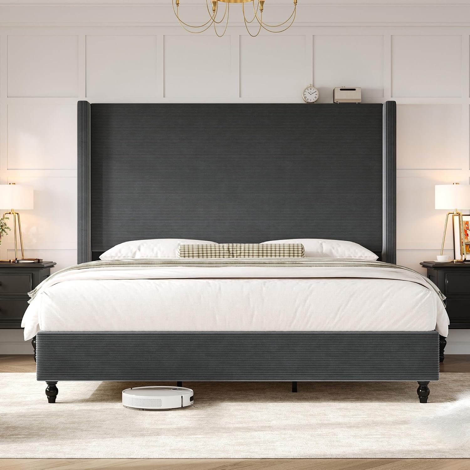 AMERLIFE King Size Bed Frame with 65' Tall Headboard, Upholstered Corduroy Bed Frame with Wingback, Platform Bed with Solid Wood Gourd Legs, Solid Slats, No Box Spring Needed, Dark Grey