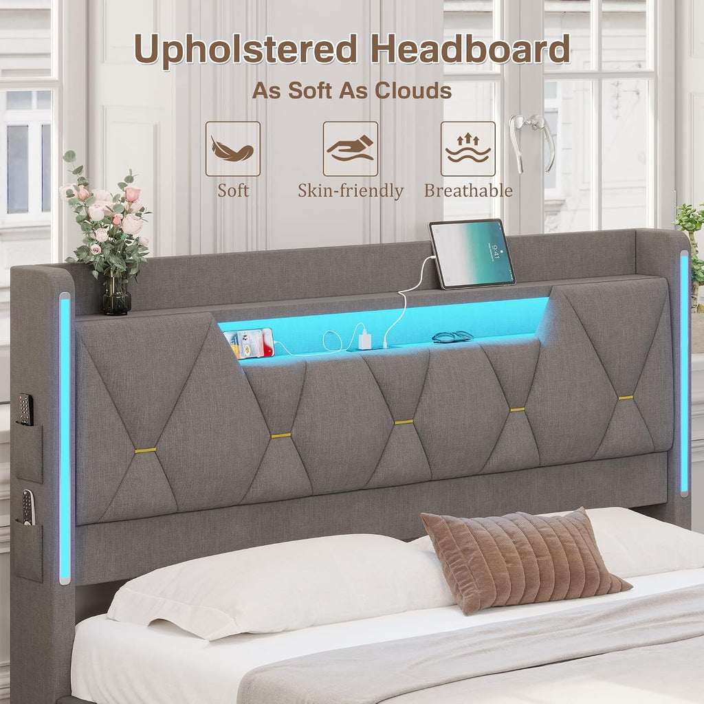 busyaeh Queen Bed Frame with Storage Headboard and LED Lights, Metal Platform Bed Frame Queen Size with Charging Station, No Box Spring Needed, Upholstered Marshmallow Headboard, 1200lbs, Dark Gray