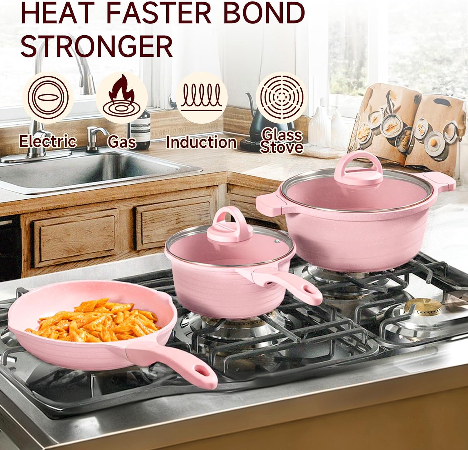 JEETEE Pink Pots and Pans Set Nonstick 23pcs, Healthy Kitchen Cookware Sets, Induction Cooking Set Pink Frying Pans, Saucepans, Sauté & Griddle & Crepe Pan (PFOA & PFAS Free)
