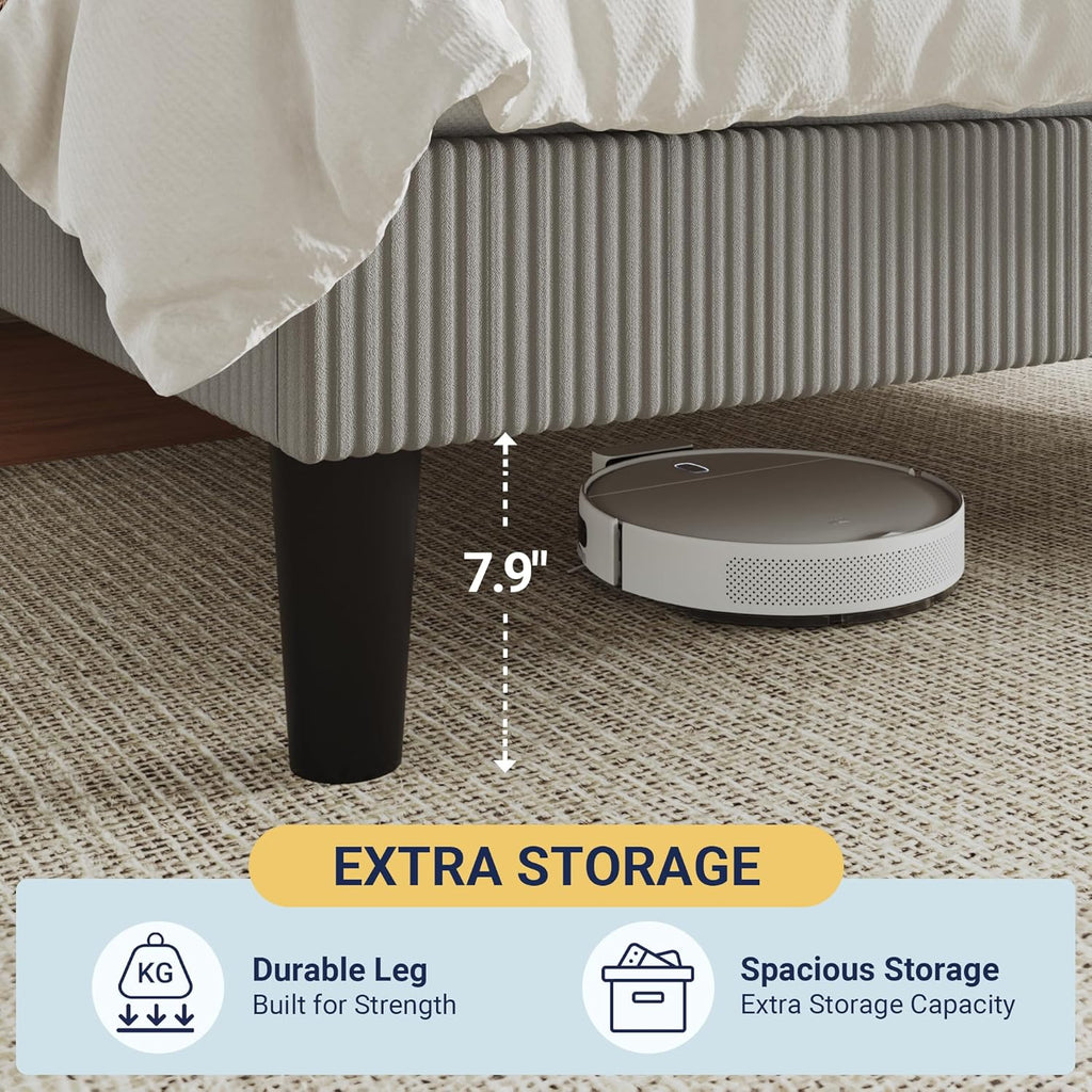Allewie Full Size Upholstered Bed Frame with Vertical Channel Tufted Headboard, Soft Corduroy Fabric Platform Bed, Strong Wooden Slats Support, Easy Assembly, No Box Spring Needed, Light Grey