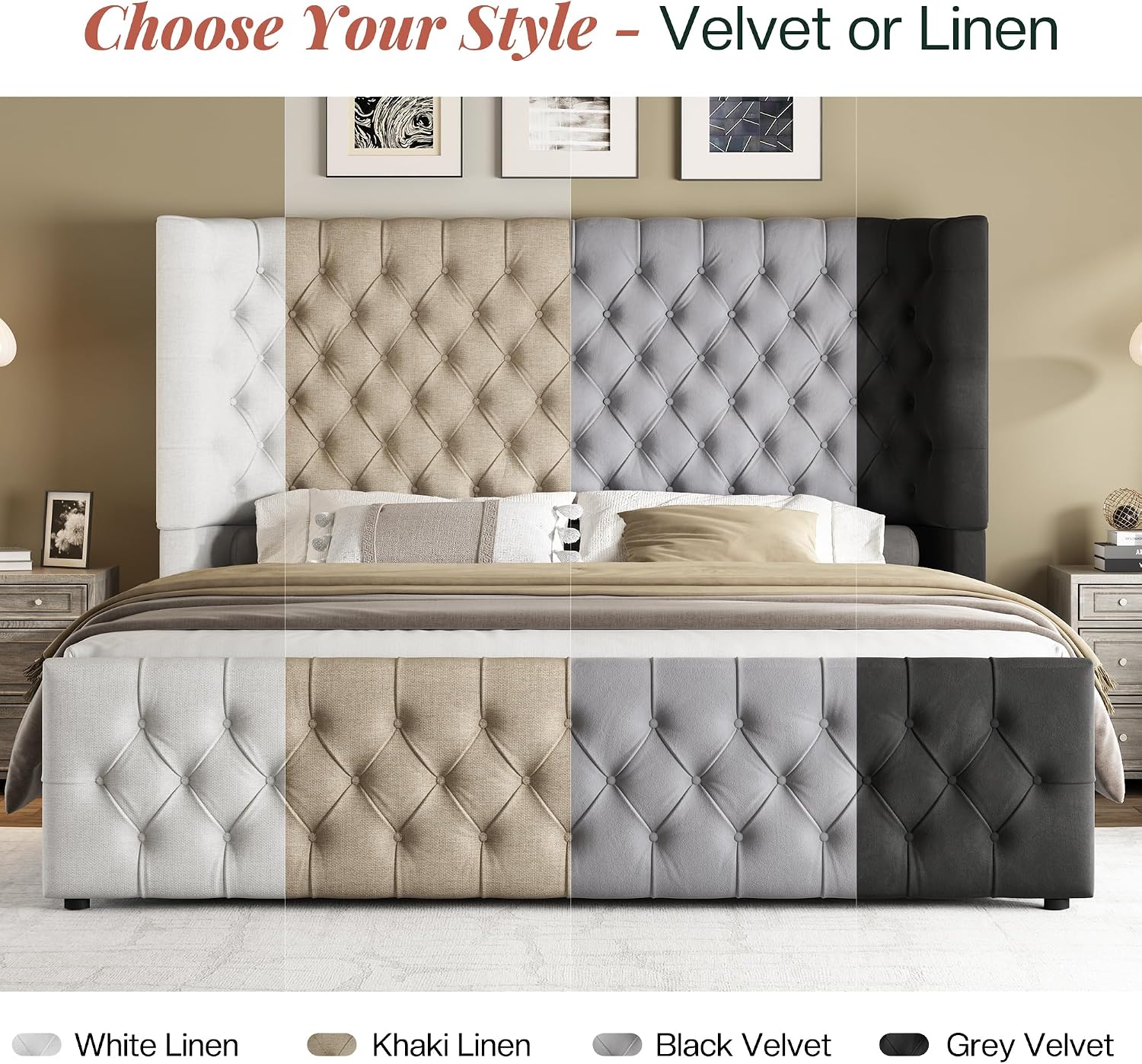 Jocisland Queen Size Platform Bed Frame, 6.3' Thick Upholstered Curved Wingback Headboard and Footboard with Deep Button Tufted, Easy Assembly, No Box Spring Needed, Light Grey Velvet