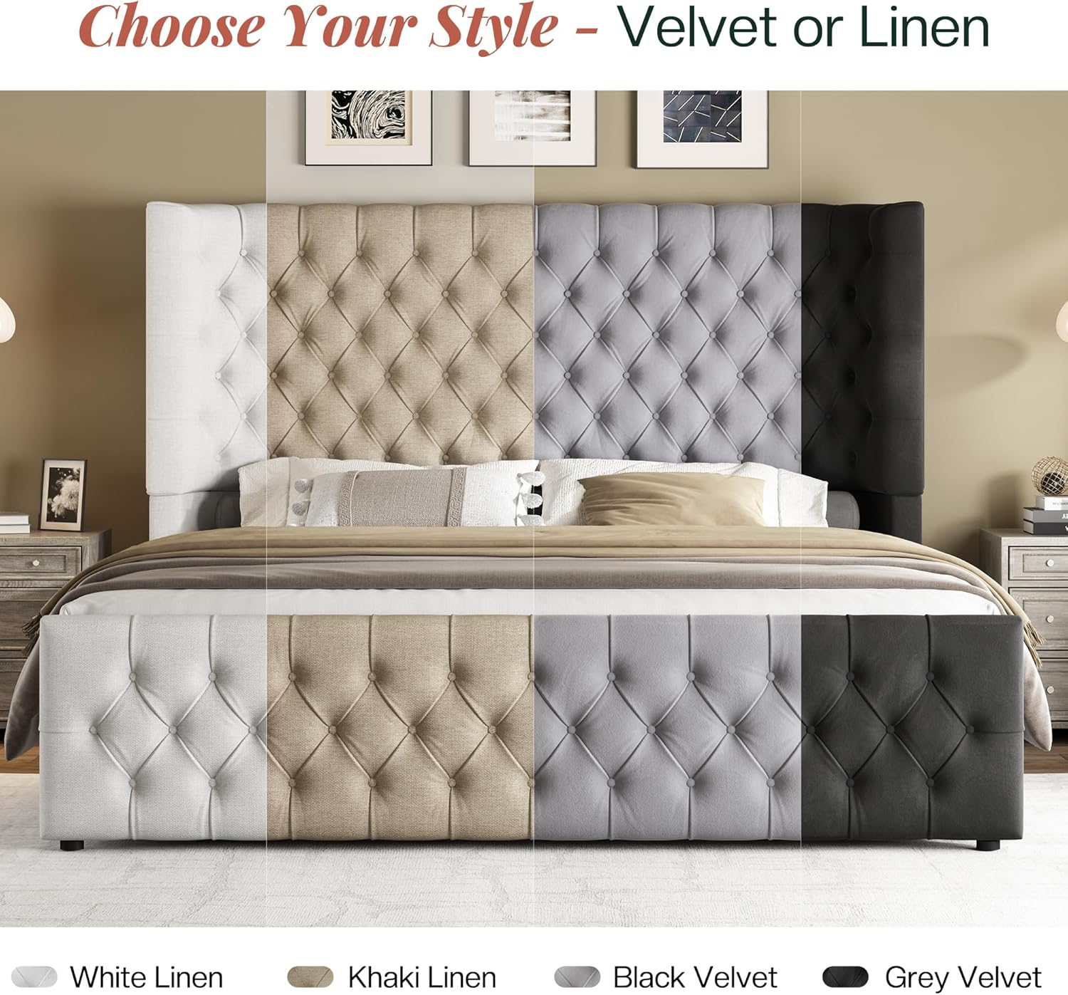 Jocisland King Size Platform Bed Frame, 6.3' Thick Upholstered Curved Wingback Headboard and Footboard with Deep Button Tufted, Easy Assembly, No Box Spring Needed, Light Grey Velvet