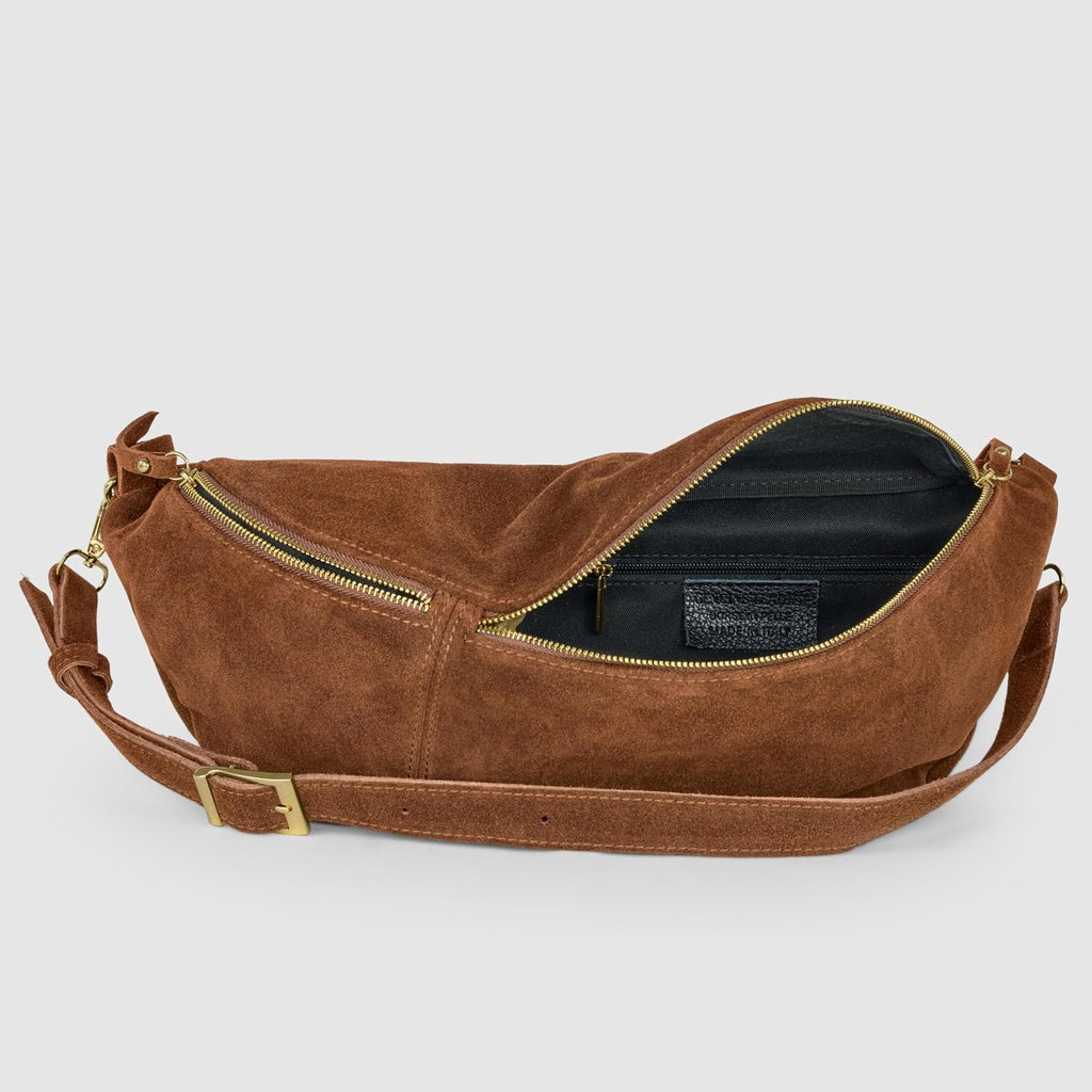 Italian Genuine Suede Crossbody Bag for Women with Zipper & Detachable Strap | Large Travel Chest Sling Fanny Pack (Brown)