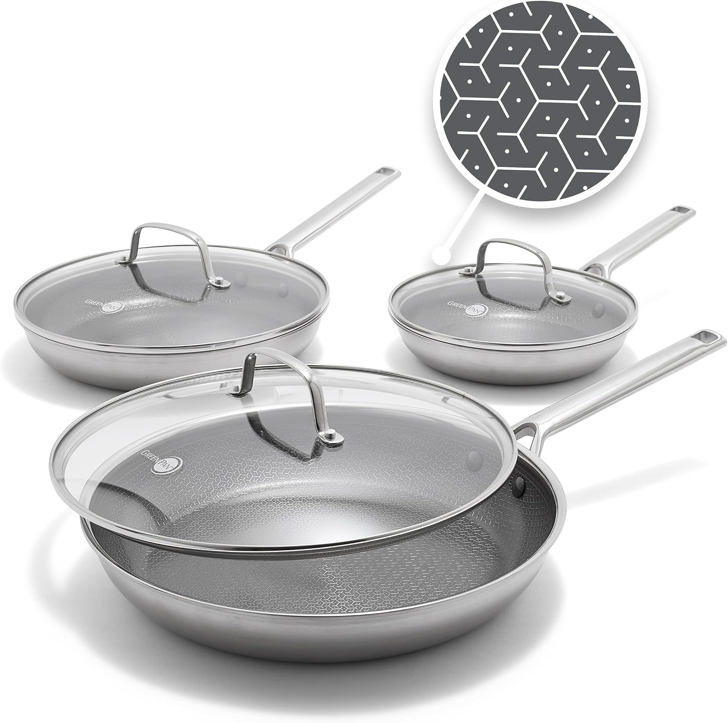 GreenPan Hybrid 8', 10' & 12' Nonstick Stainless Steel Frying Pan Set With Lids, APEX Tri-Ply Thermobond, PFAS-Free, Induction & All Cooktop Compatible, Oven Safe to 850°F. Dishwasher Safe, Silver