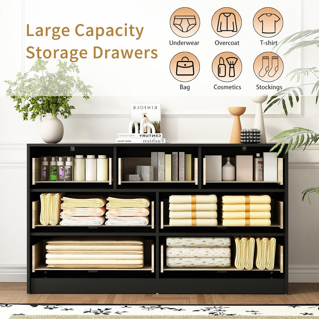7 Drawer Dresser and Nightstand Sets for Bedroom, 3 Pcs Bedroom Set，Night Stand Set of 2 & 7 Drawer Dresser with Gold Handles, Modern Wood Chest of Drawers Storage Cabinet Set, Black